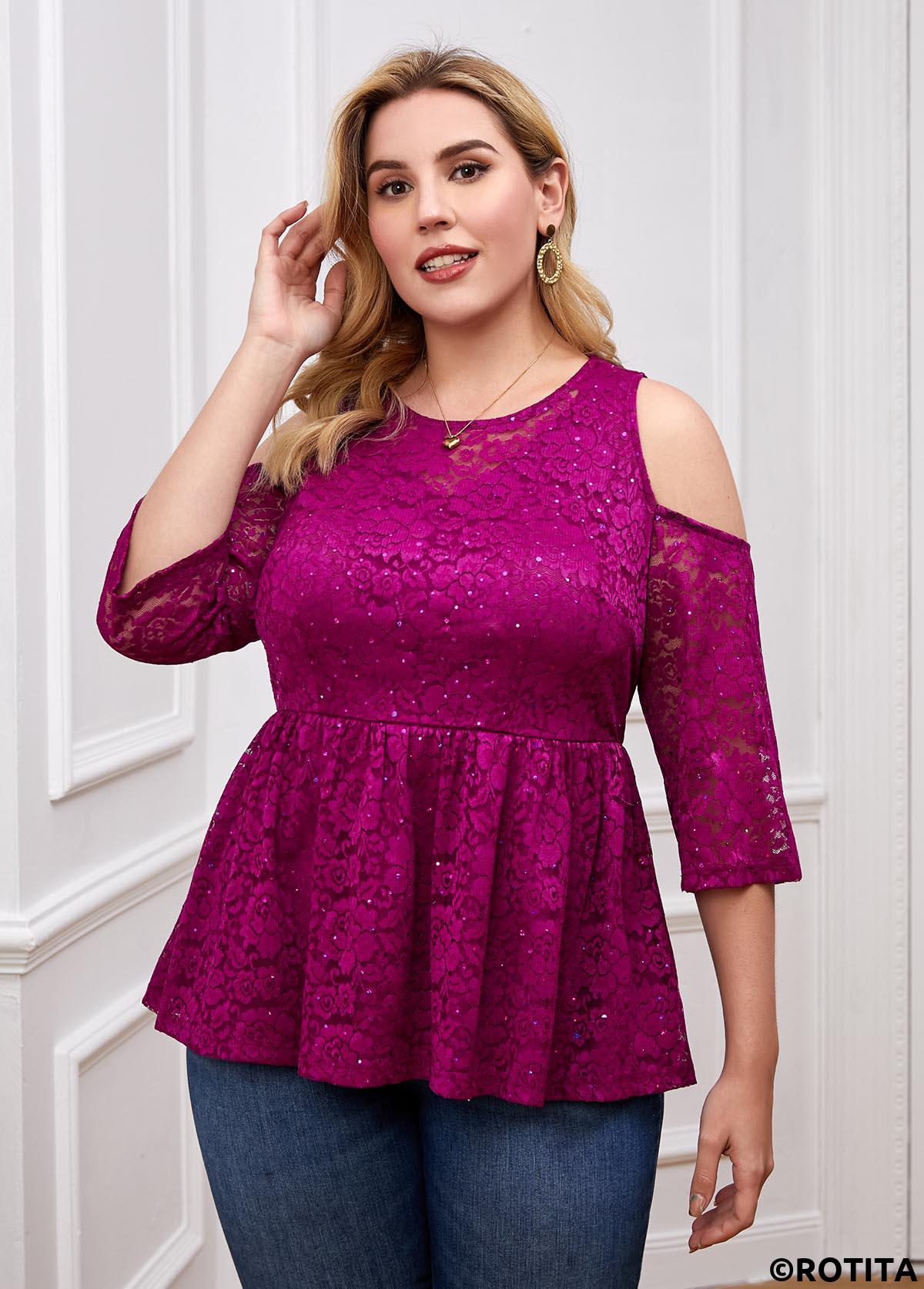 Dark Reddish Purple plus size,Plain Color plus size,ROTITA Cold Shoulder Plus Size Lace Stitching T Shirt