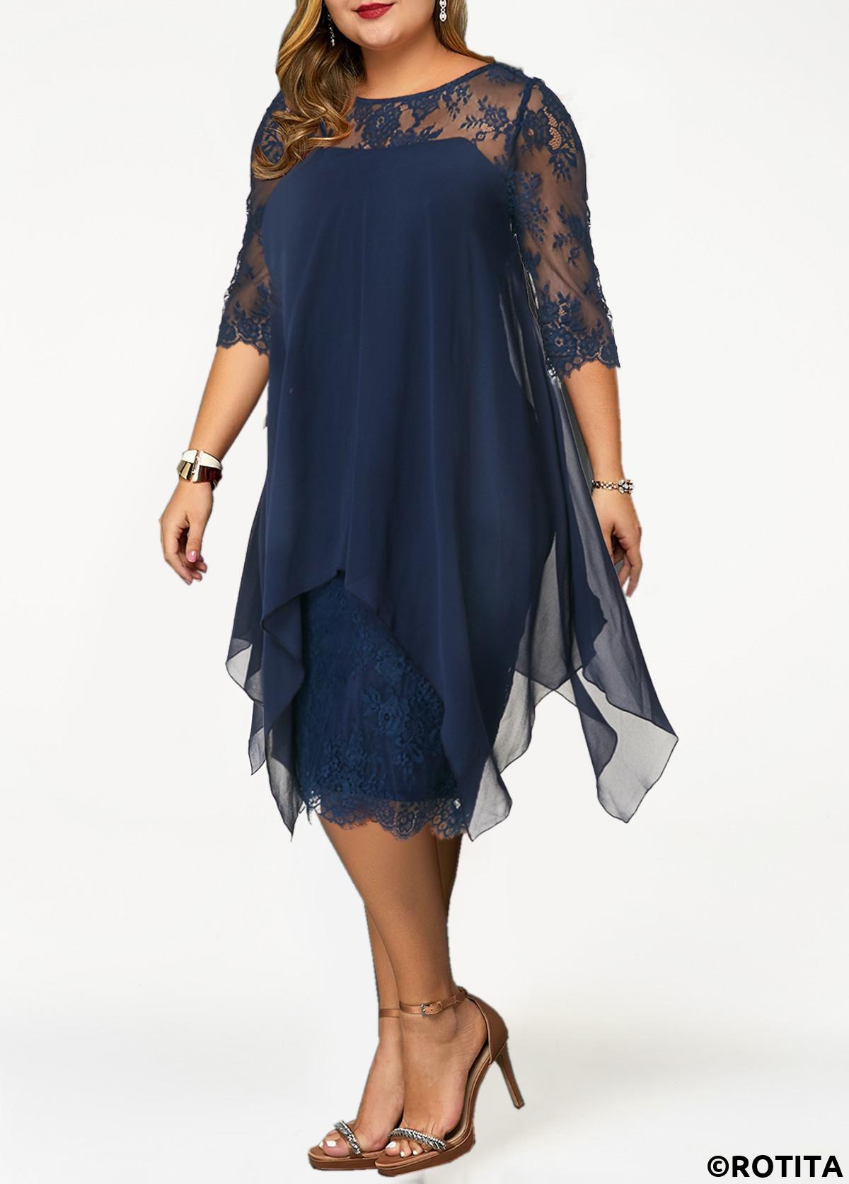 Navy plus size,Plain Color plus size,ROTITA Plus Size Lace Navy H Shape Dress