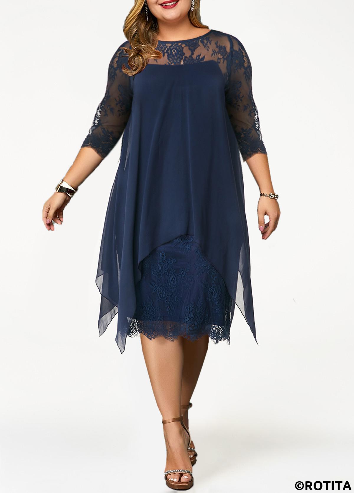 Navy plus size,Plain Color plus size,ROTITA Plus Size Lace Navy H Shape Dress