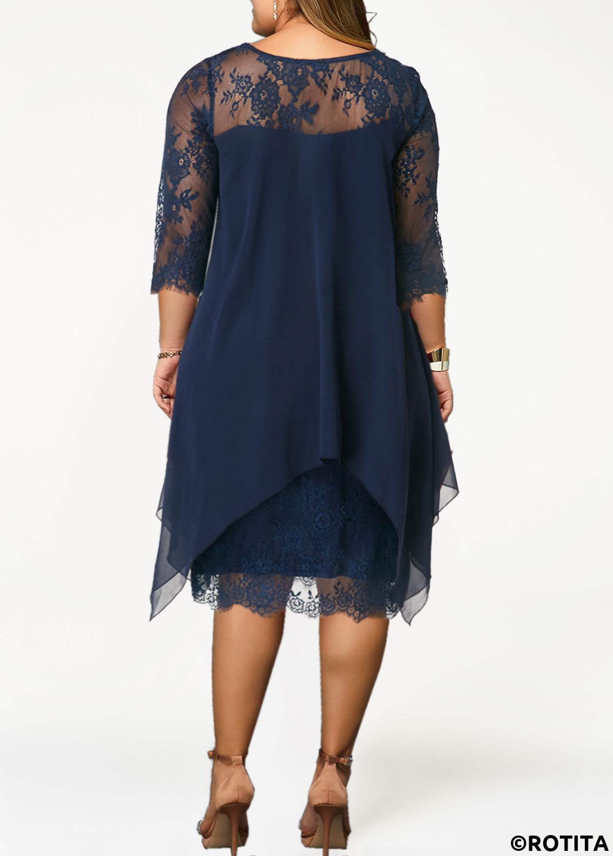 Navy plus size,Plain Color plus size,ROTITA Plus Size Lace Navy H Shape Dress