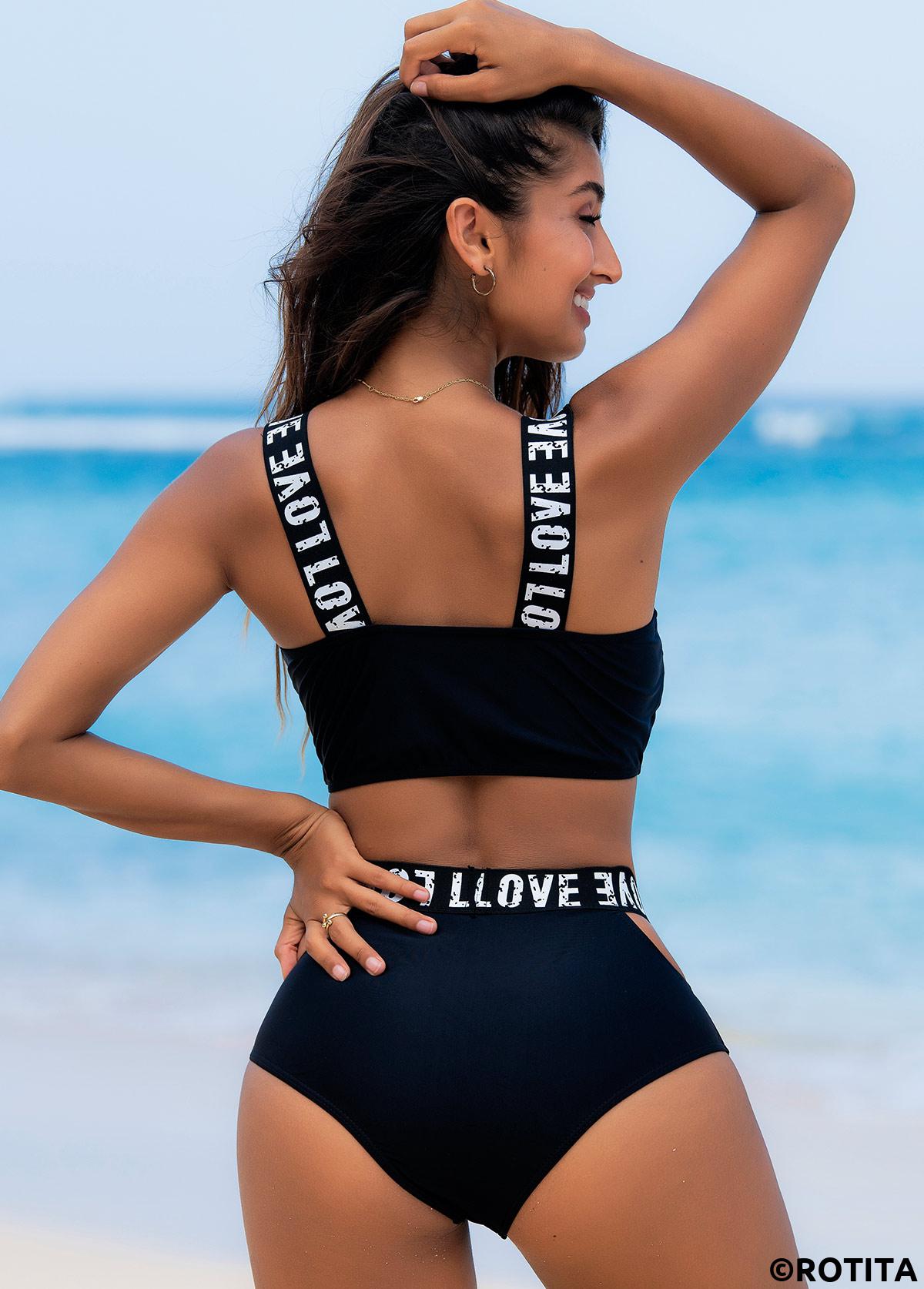 Black swimwear,Letter swimwear,High Waisted Letter Print Bikini Set