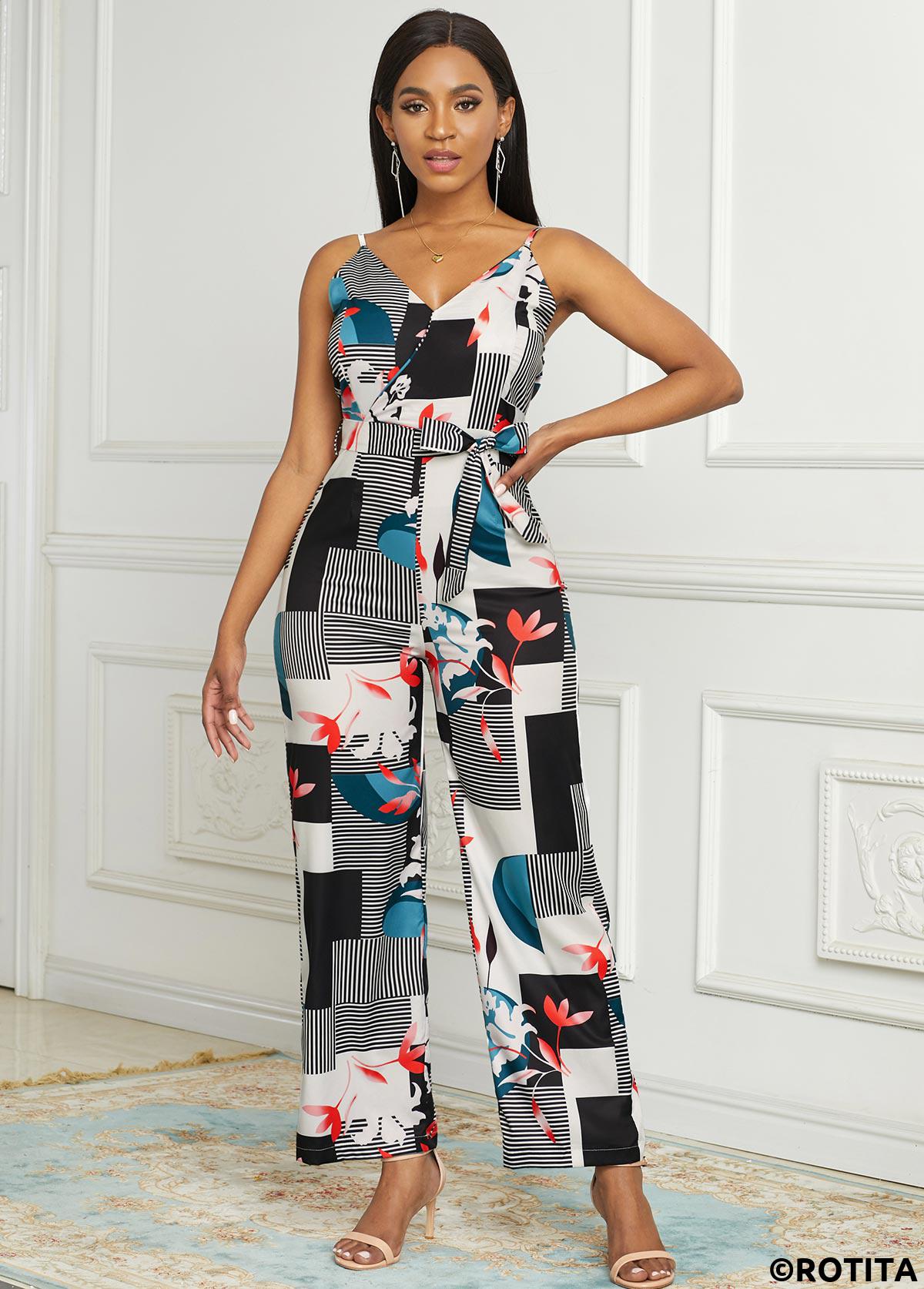 White jumpsuits&rompers,Geometric jumpsuits&rompers,Spaghetti Strap Wide Leg Geometric Print Jumpsuit