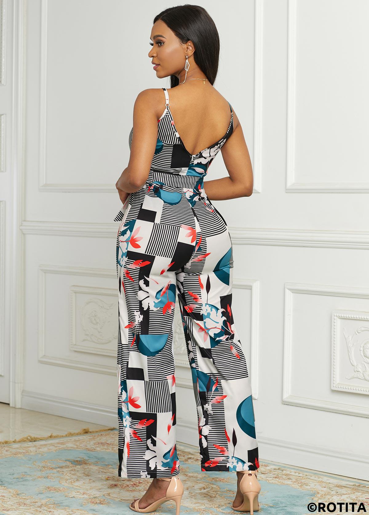 White jumpsuits&rompers,Geometric jumpsuits&rompers,Spaghetti Strap Wide Leg Geometric Print Jumpsuit
