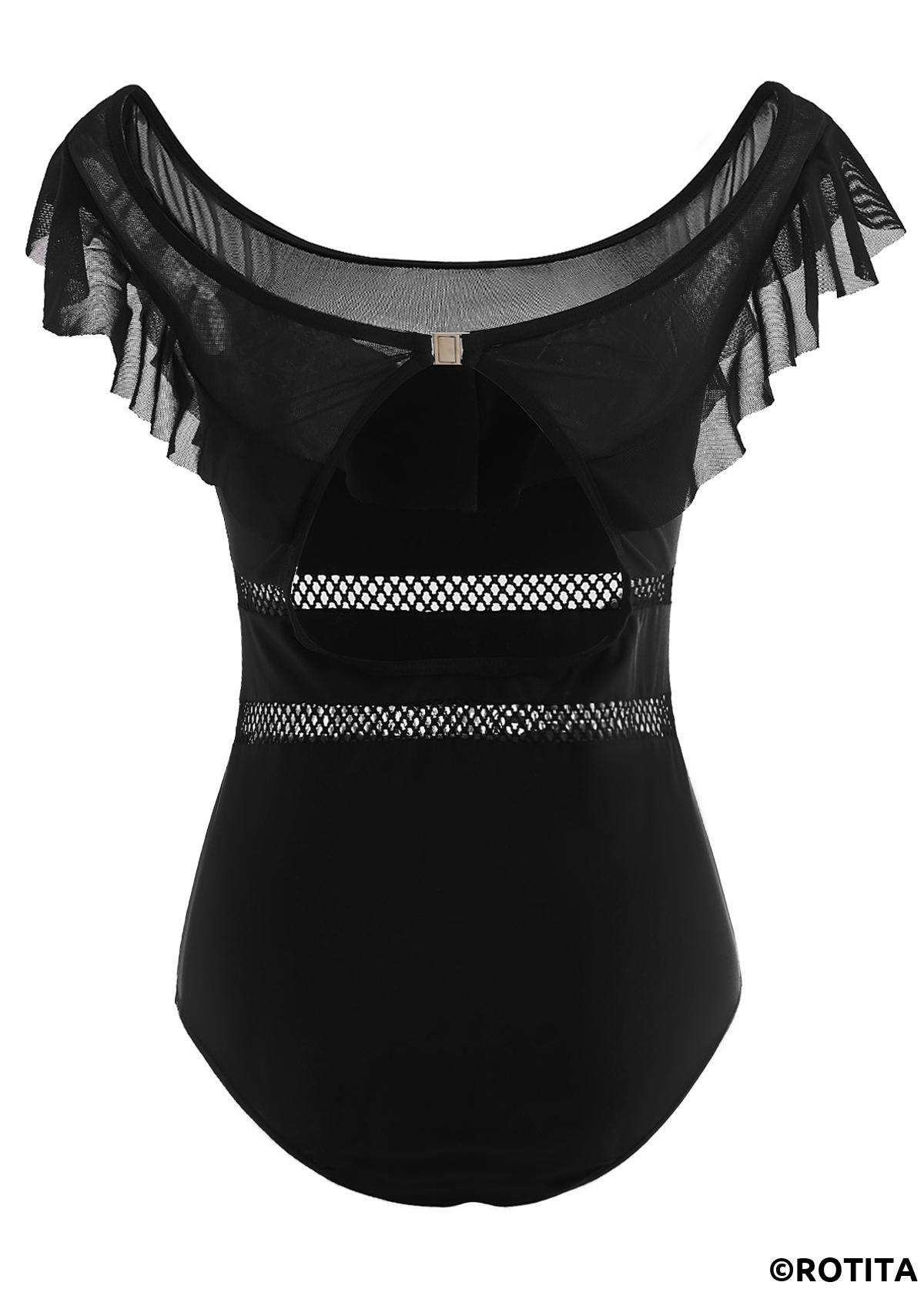 Black swimwear,Plain Color swimwear,Ruffle Trim Solid One Piece Swimwear