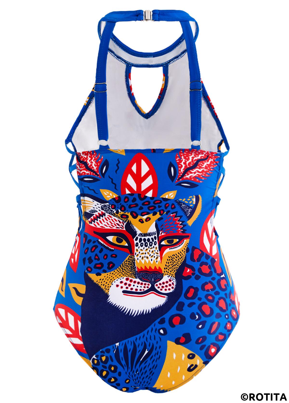 ROTITA Lace Up Animal Prints One Piece Swimwear 
