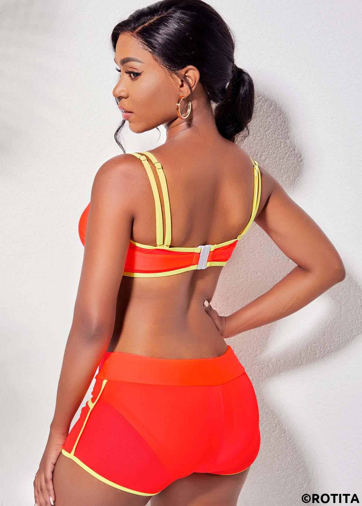 Contrast Color swimwear,ROTITA Tie Front Double Strap Contrast Piping Bikini Set
