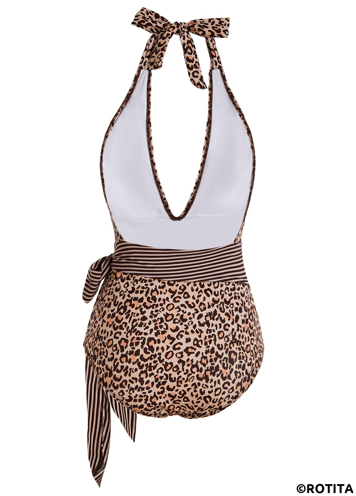 Leopard swimwear,ROTITA Halter Leopard Print Belted One Piece Swimwear