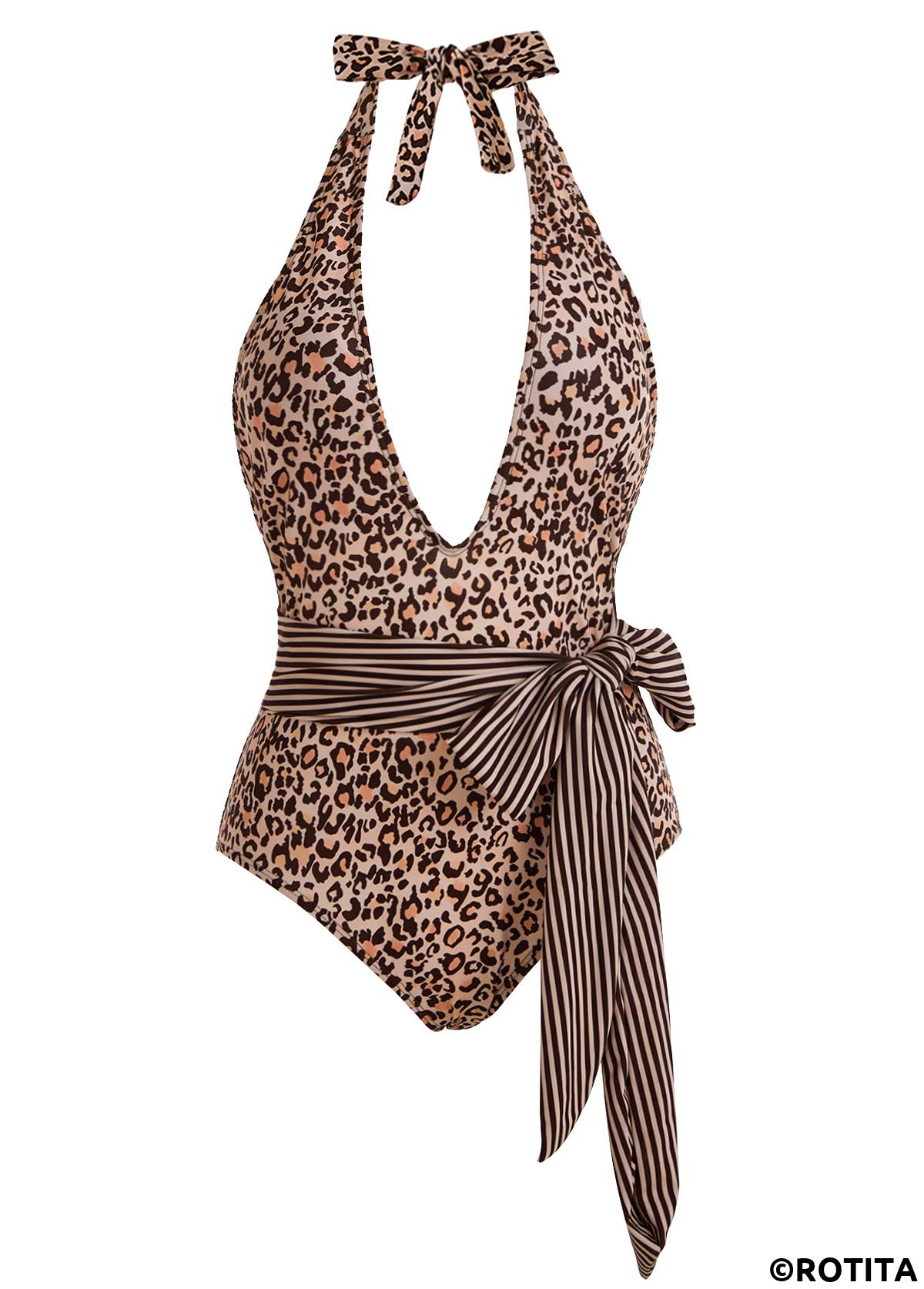 Leopard swimwear,ROTITA Halter Leopard Print Belted One Piece Swimwear