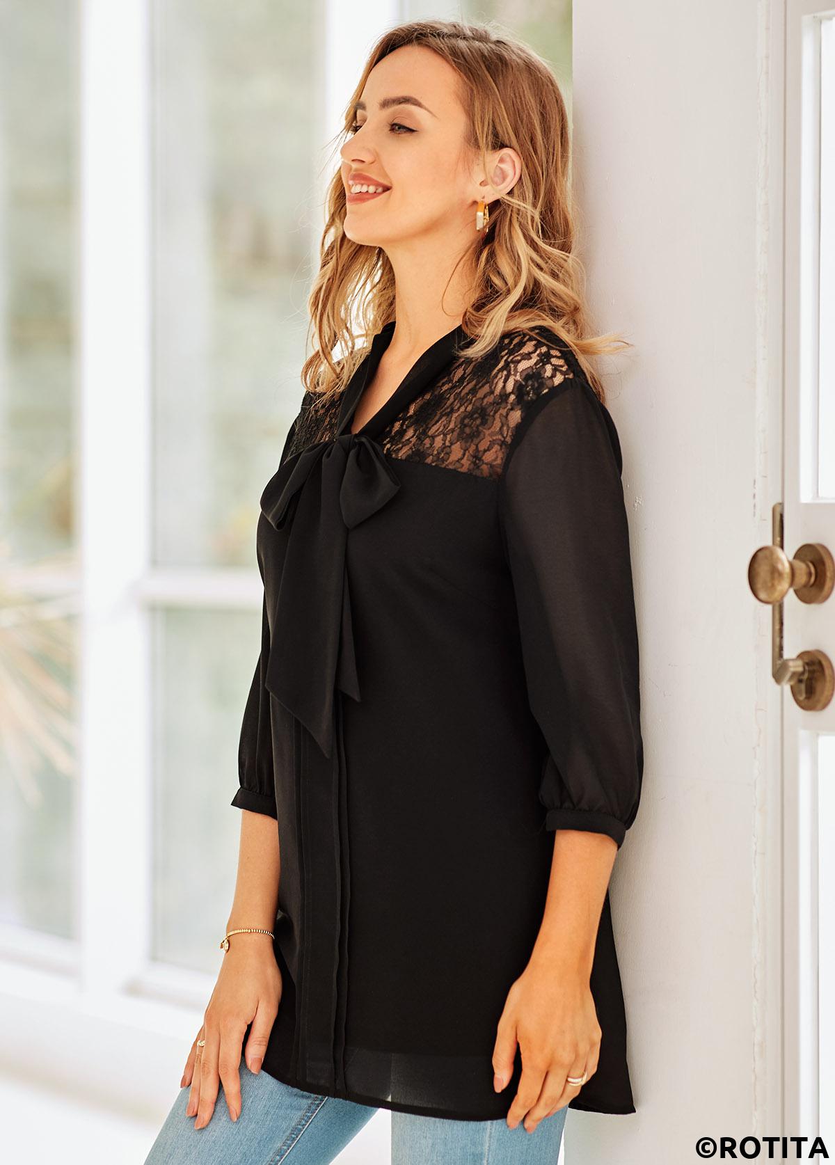 Black tops,Plain Color tops,ROTITA Lace Stitching 3/4 Sleeve Tie Neck Blouse