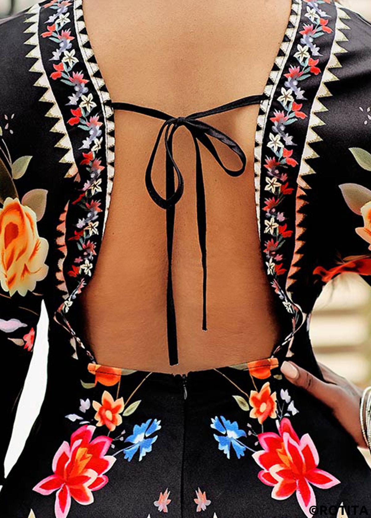 Black jumpsuits&rompers,Floral jumpsuits&rompers,Floral Print Tie Back V Neck Romper