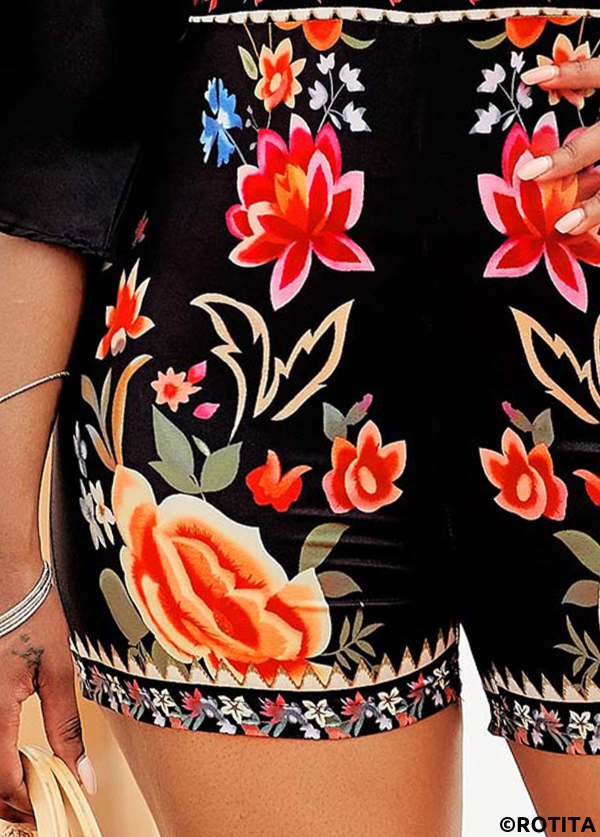 Black jumpsuits&rompers,Floral jumpsuits&rompers,Floral Print Tie Back V Neck Romper