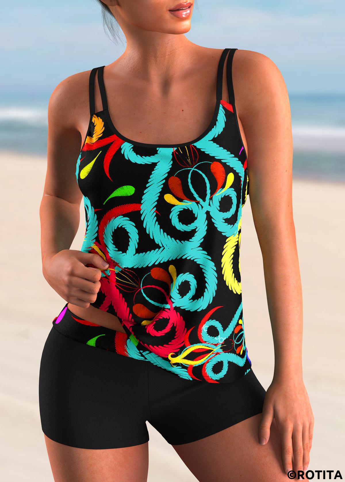 Multi Color swimwear,Rainbow Color swimwear,Dazzle Colorful swimwear,ROTITA Spaghetti Strap Colorful Printed Tankini Set