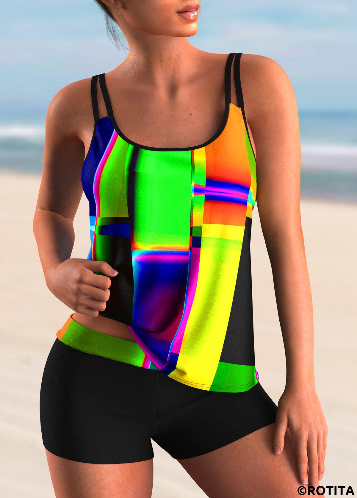 Multi Color swimwear,Dazzle Colorful swimwear,ROTITA Colorful Printed Spaghetti Strap Tankini Set