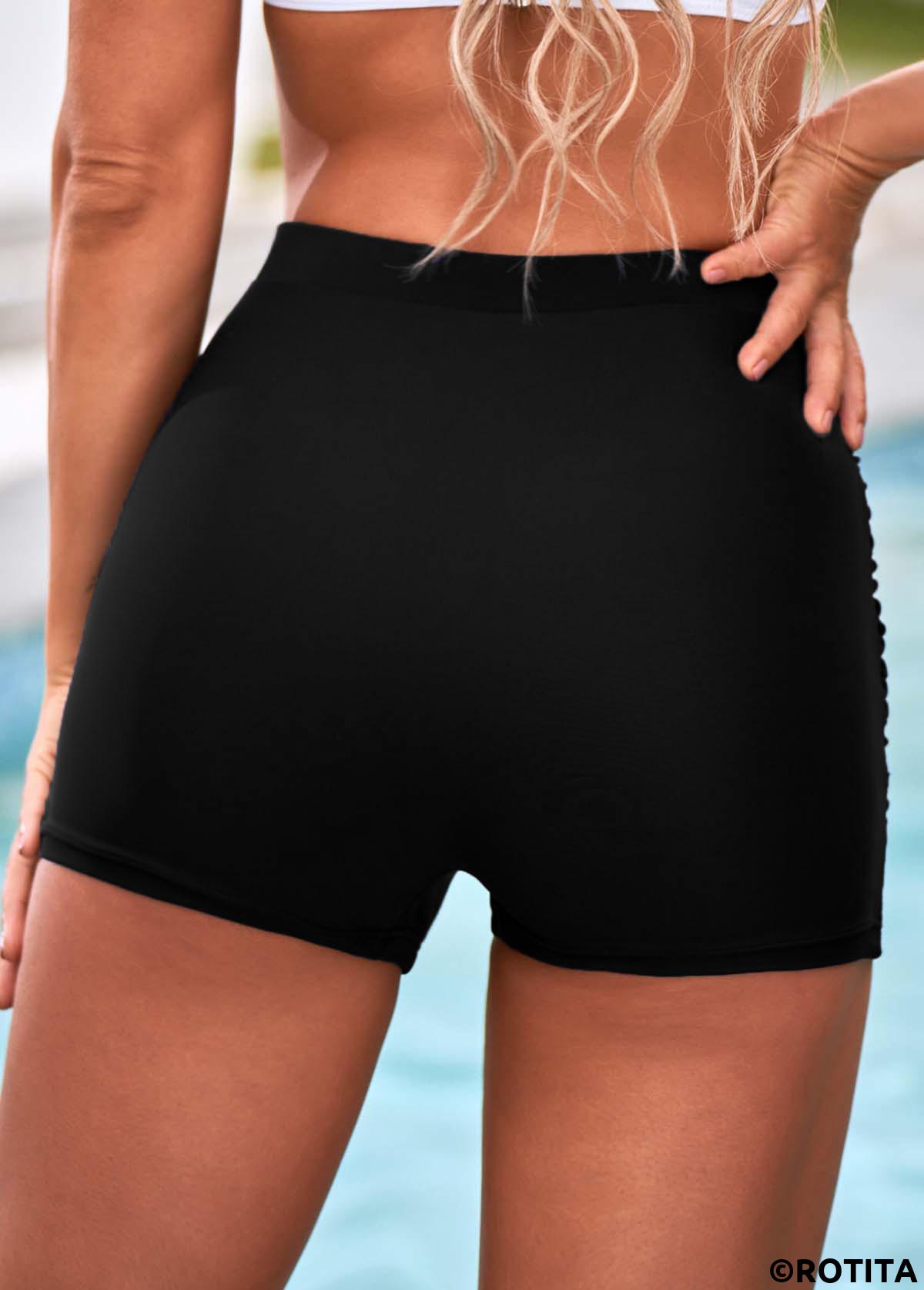 Black swimwear,Plain Color swimwear,ROTITA Ruched High Waisted Black Swim Shorts