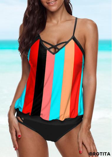 ROTITA Criss Cross Multi Color Striped Tankini Set