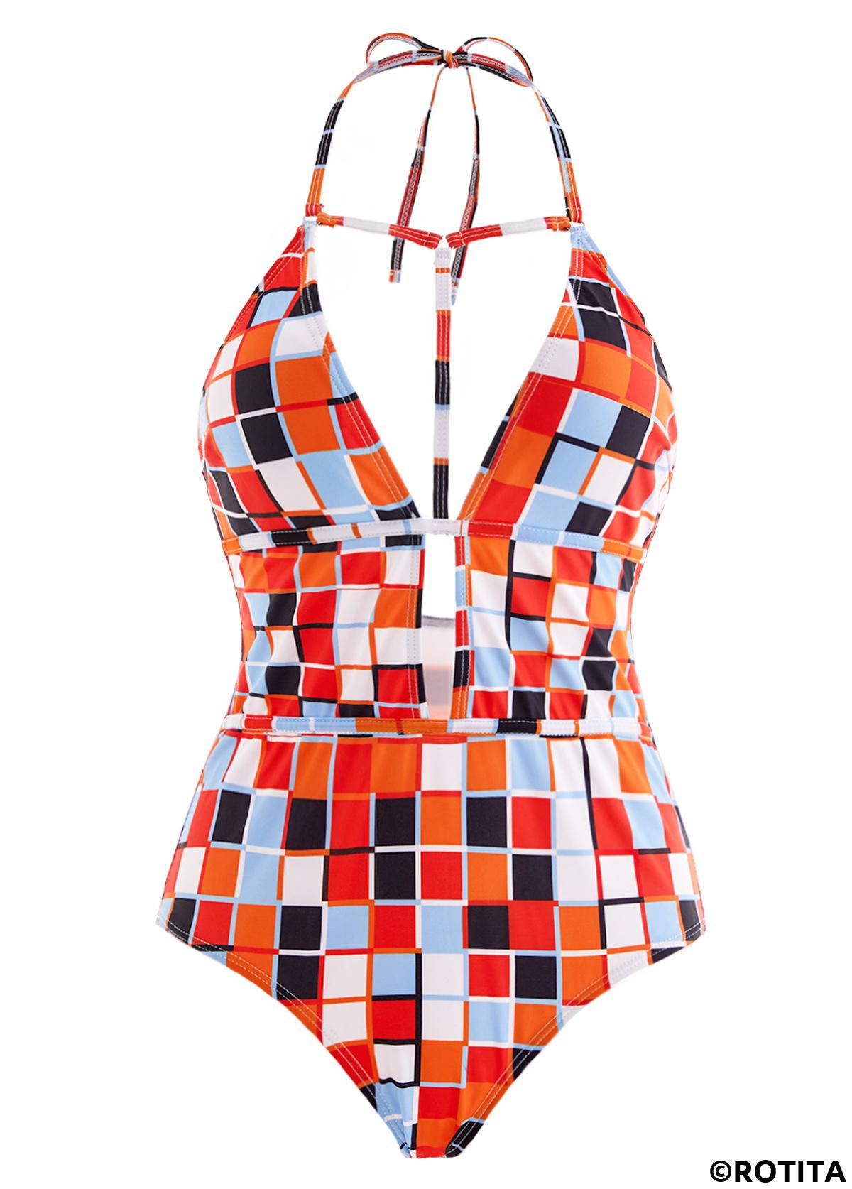Multi Color swimwear,Rainbow Color swimwear,Geometric swimwear,ROTITA Halter Geometric Print Cutout One Piece Swimwear