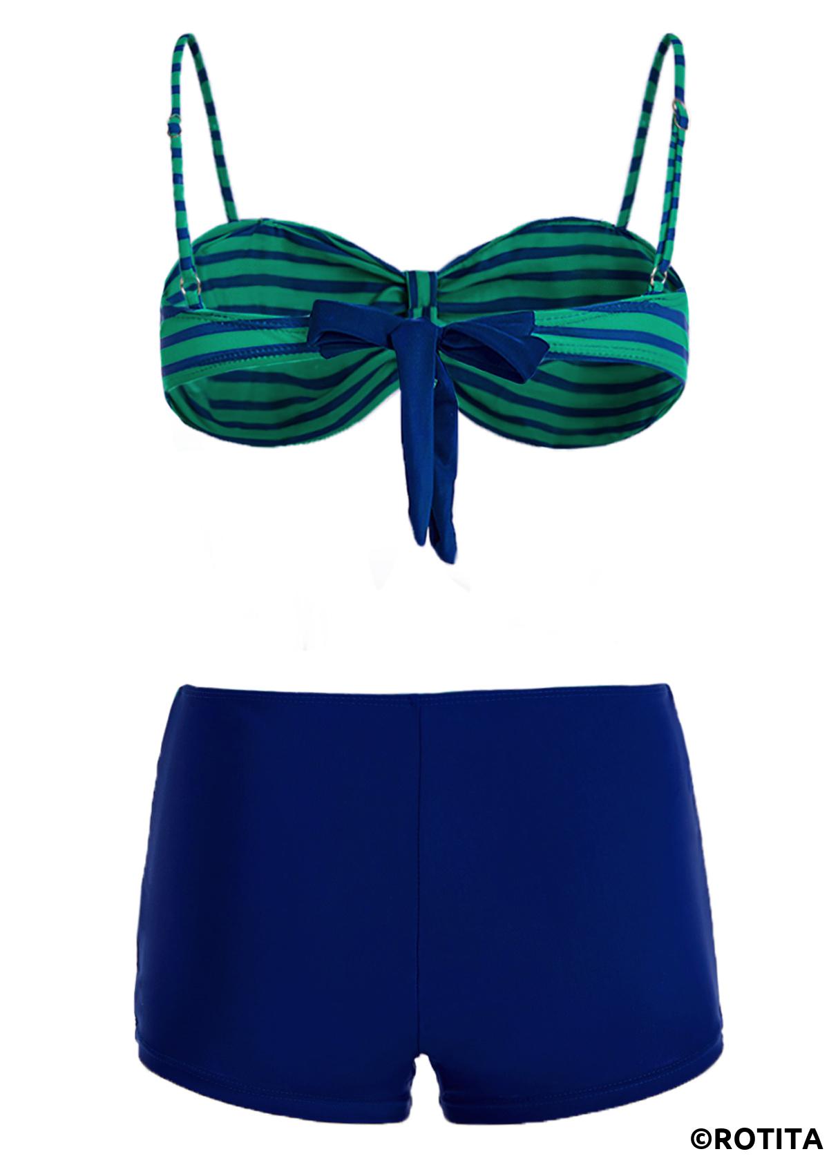 Blue swimwear,Striped swimwear,Striped Mid Waist Drawstring Detail Bikini Set