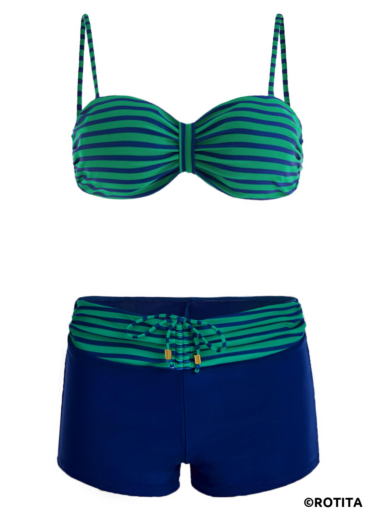 Blue swimwear,Striped swimwear,Striped Mid Waist Drawstring Detail Bikini Set