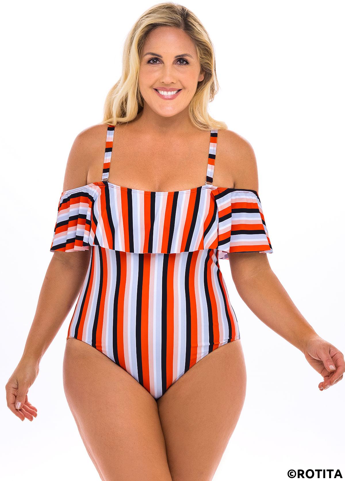 Multi Color plus size,Rainbow Color plus size,Striped plus size,ROTITA Plus Size Cold Shoulder Striped One Piece Swimwear