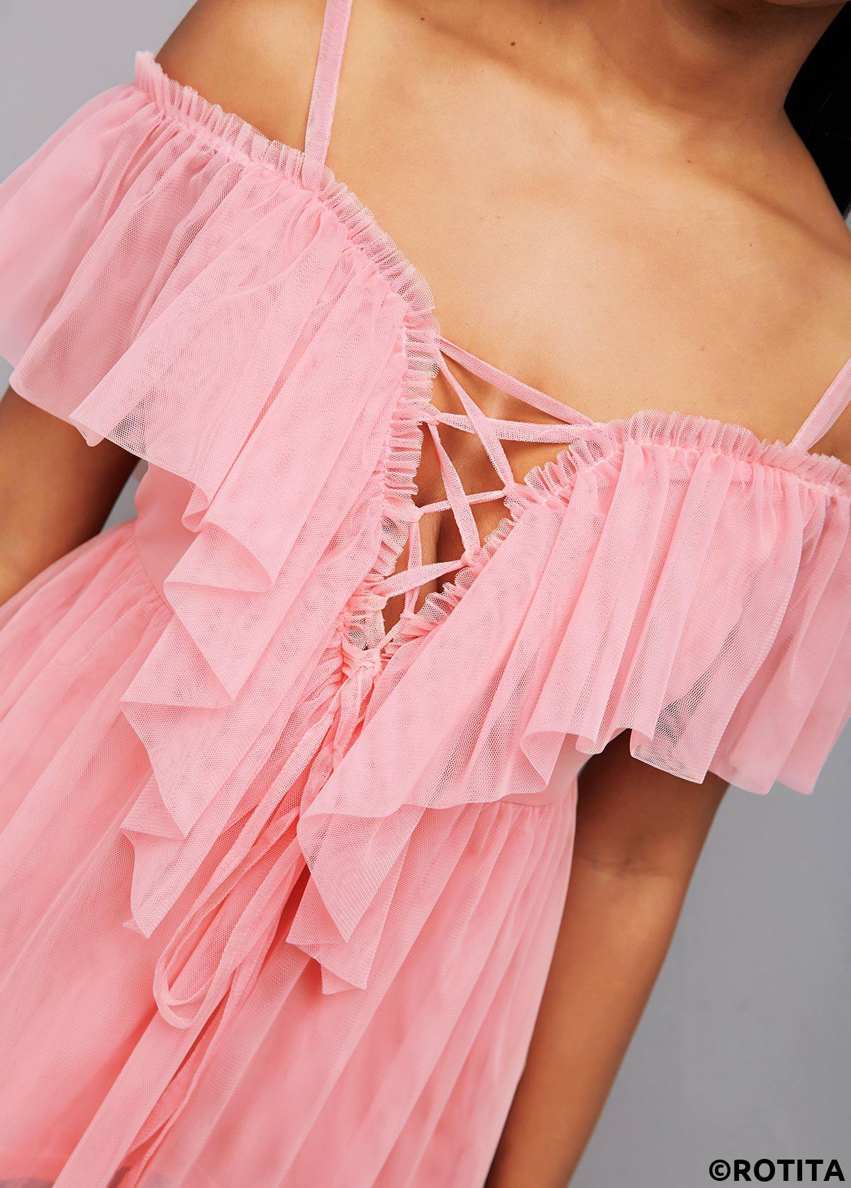 Pink tops,Plain Color tops,ROTITA Lace Up Strappy Cold Shoulder Blouse