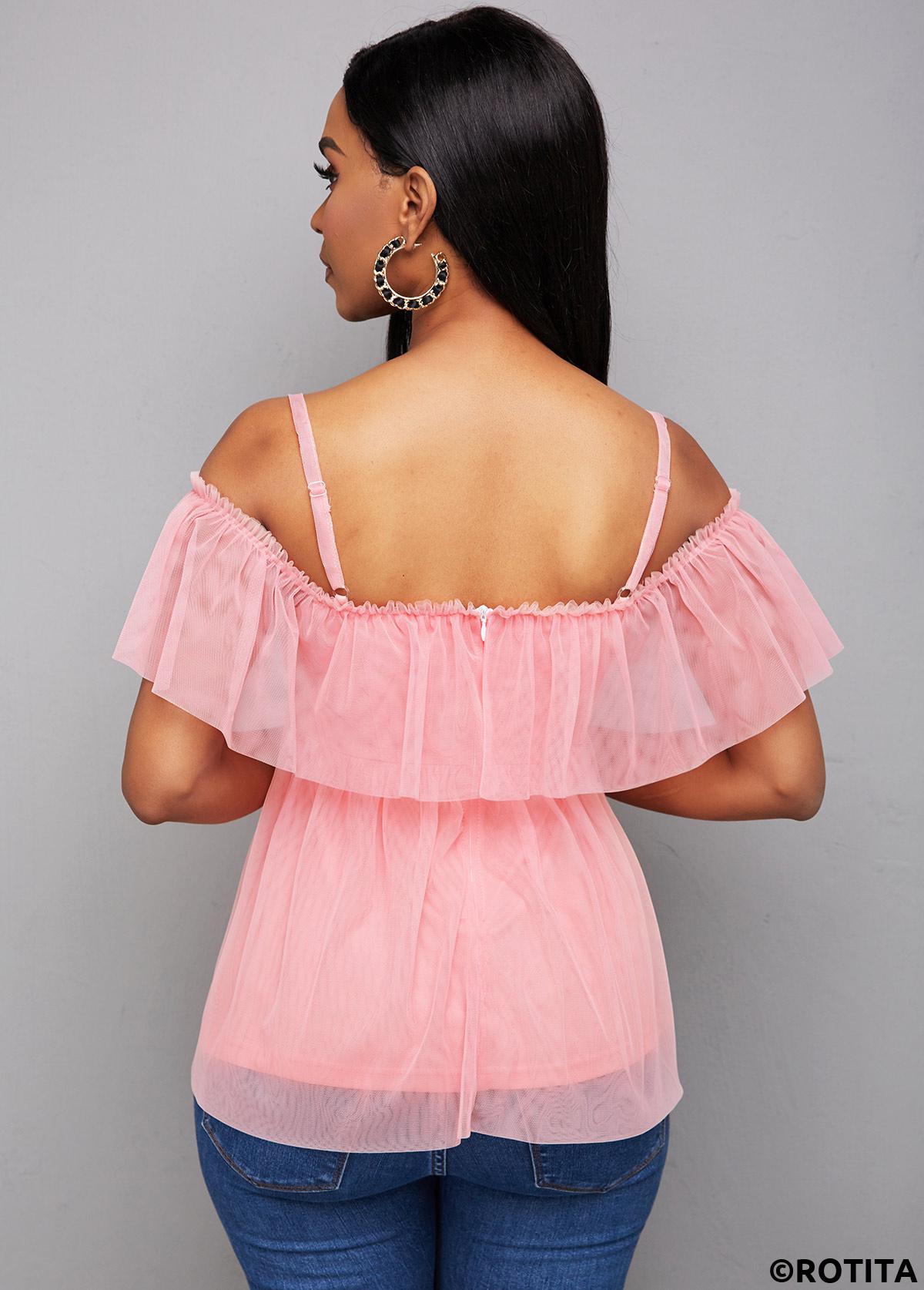 Pink tops,Plain Color tops,ROTITA Lace Up Strappy Cold Shoulder Blouse