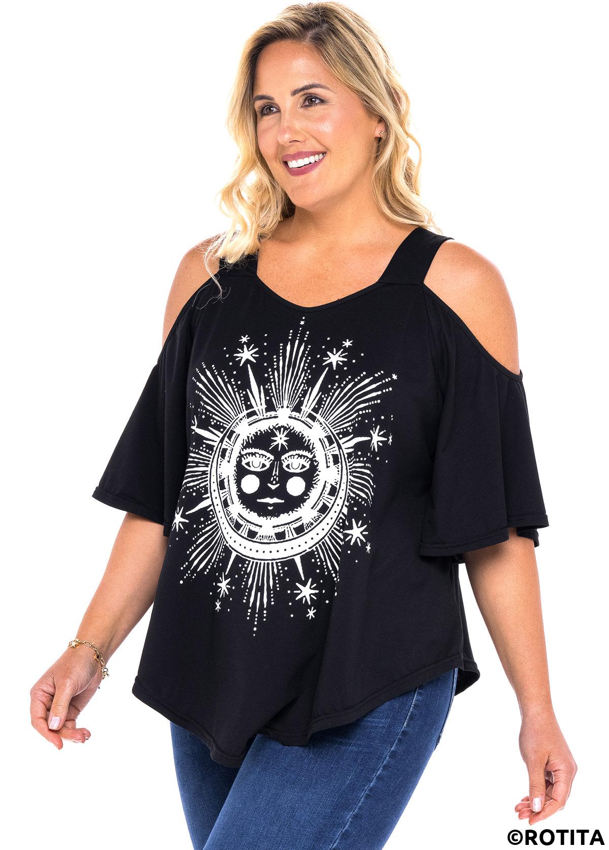 ROTITA Cold Shoulder Plus Size Astrology Print T Shirt