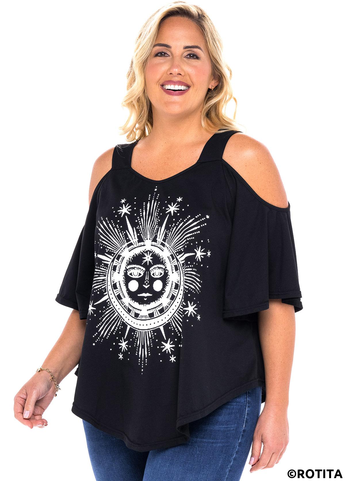 ROTITA Cold Shoulder Plus Size Astrology Print T Shirt