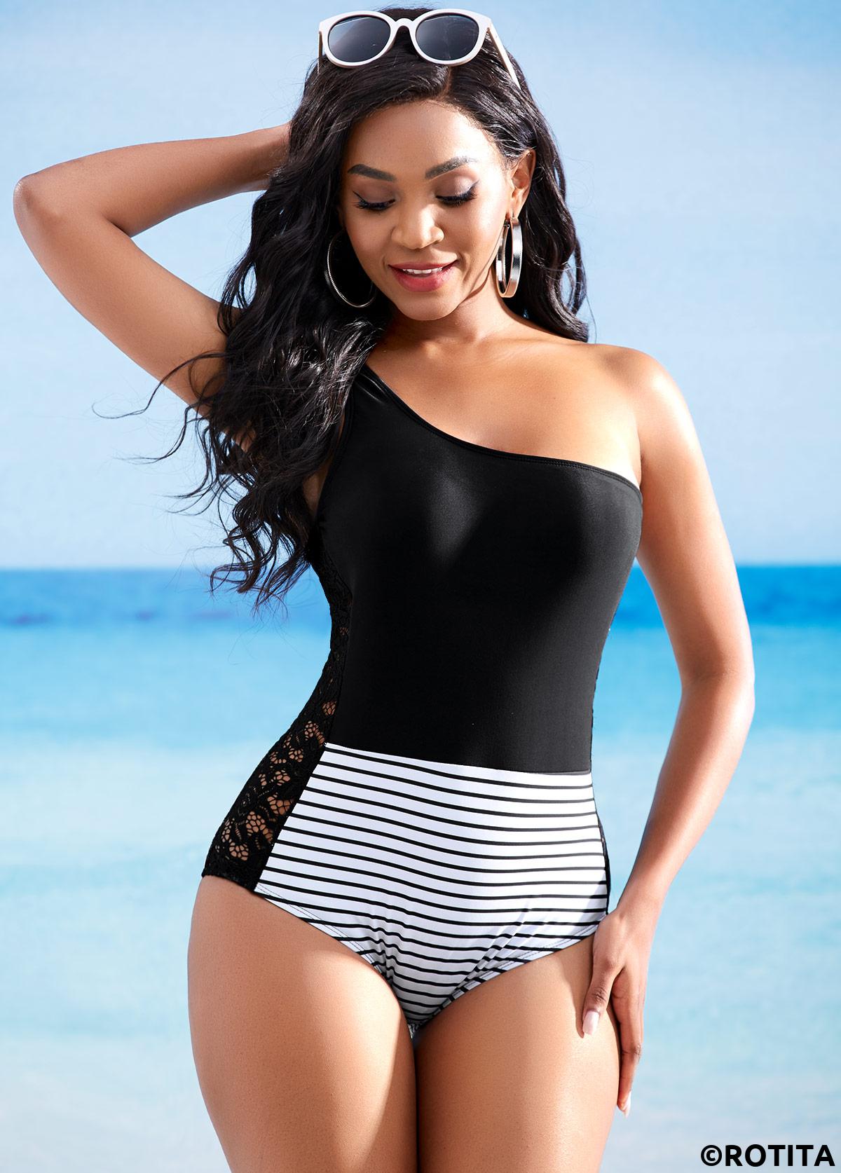 Black swimwear,Striped swimwear,ROTITA Striped Lace Stitching Tie Shoulder One Piece Swimwear