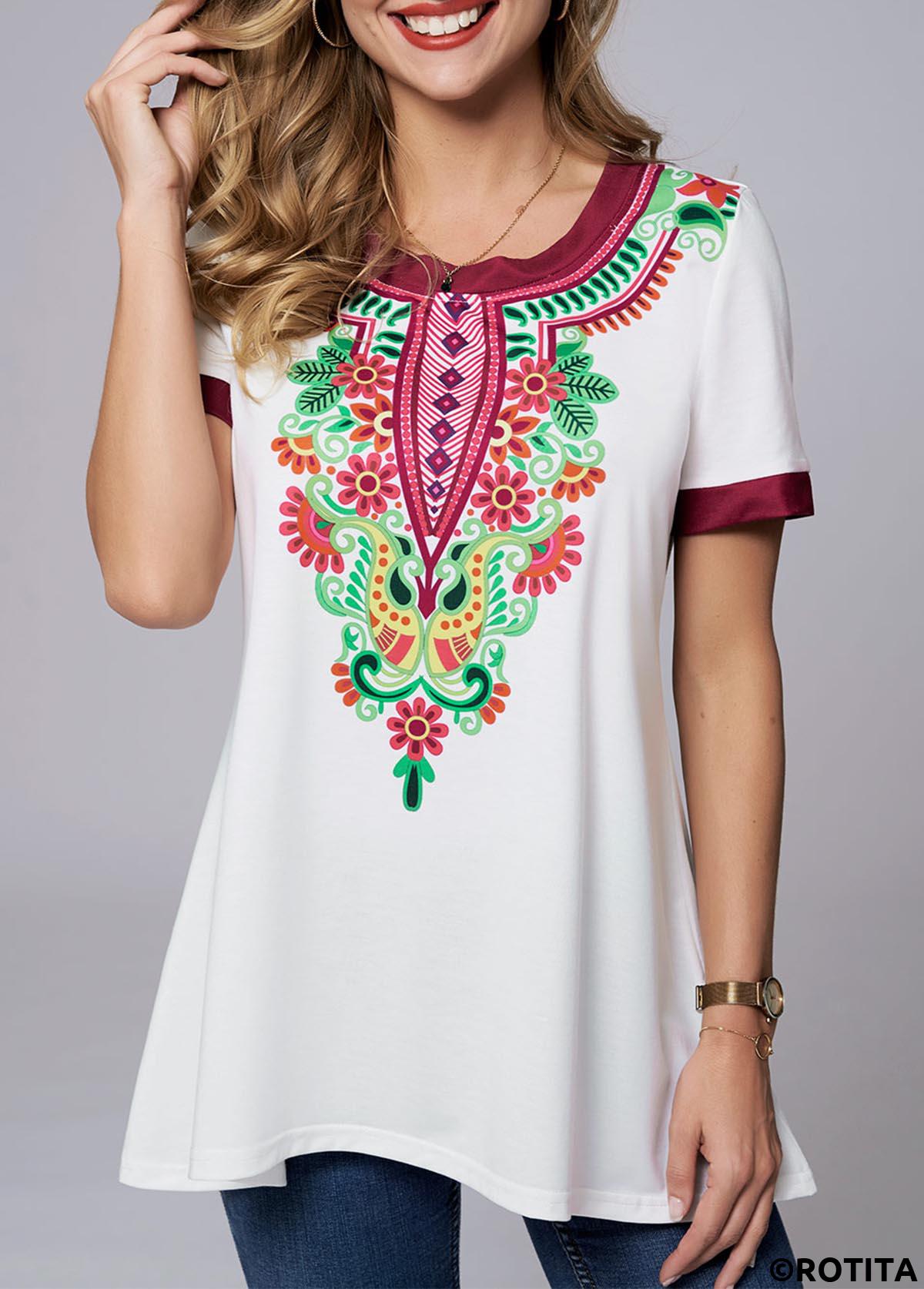 White tops,Tribal tops,ROTITA Round Neck Short Sleeve Tribal Print T Shirt