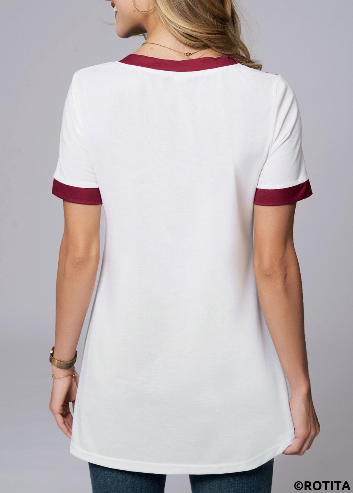 White tops,Tribal tops,ROTITA Round Neck Short Sleeve Tribal Print T Shirt