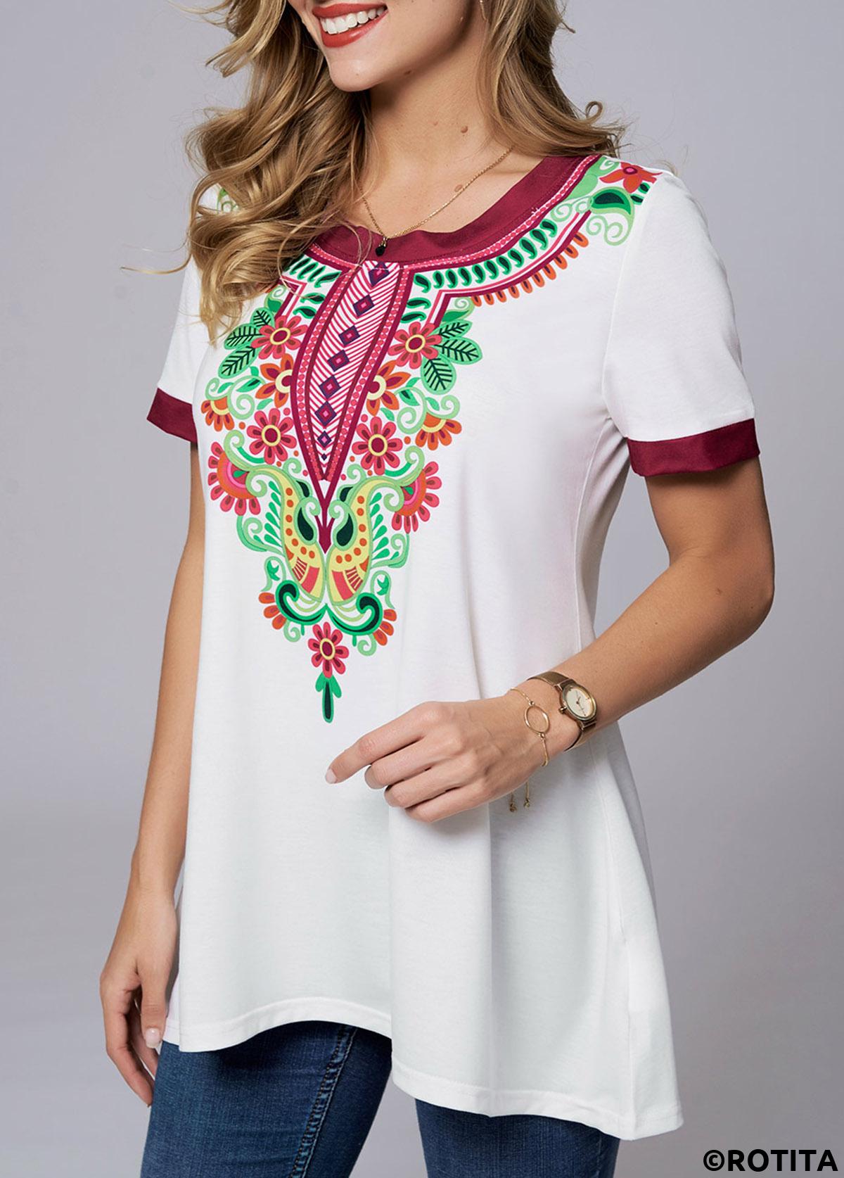 White tops,Tribal tops,ROTITA Round Neck Short Sleeve Tribal Print T Shirt