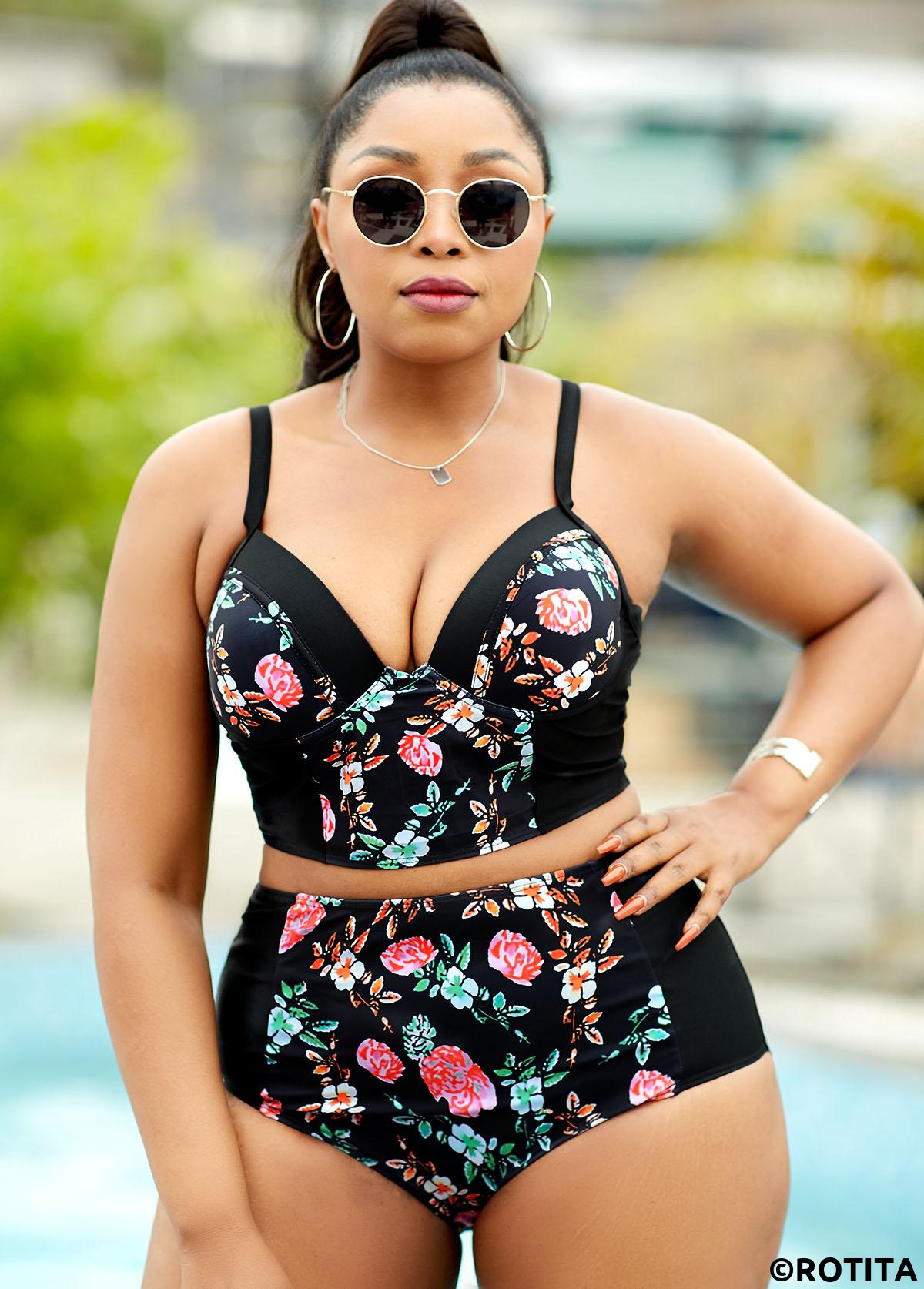 Black swimwear,Floral swimwear,Black Floral Print High Waisted Bikini Set