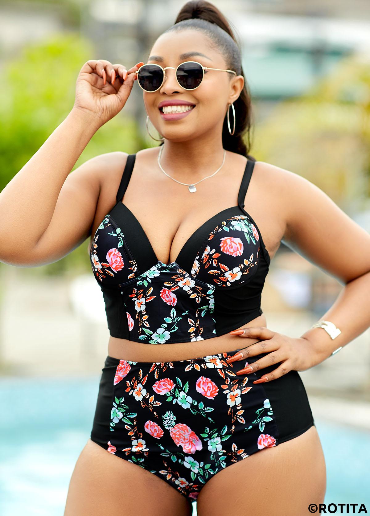 Black swimwear,Floral swimwear,Black Floral Print High Waisted Bikini Set