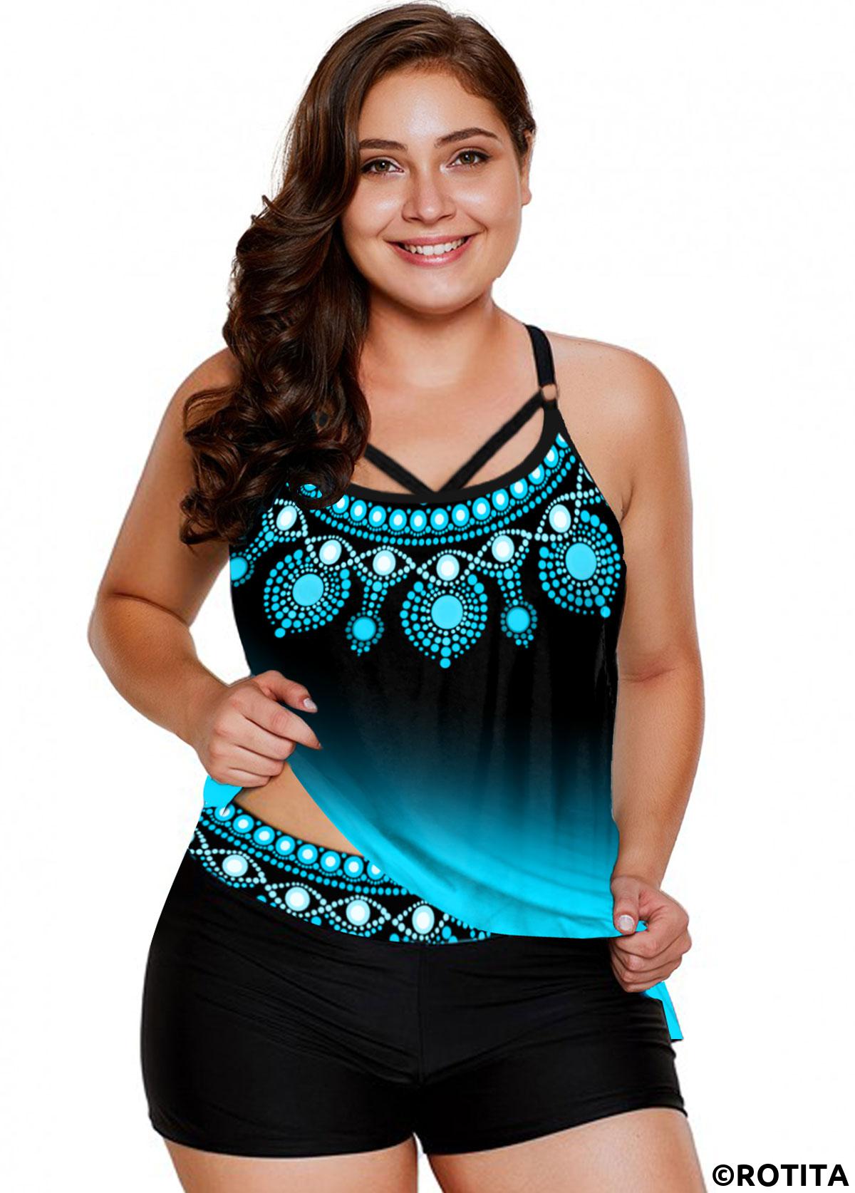 Cyan plus size,Tribal plus size,ROTITA Ombre Plus Size Tribal Print Tankini Set