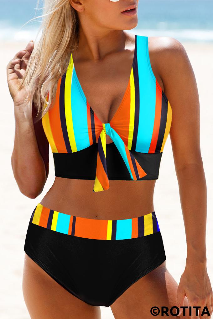 Multi Color swimwear,Rainbow Color swimwear,Striped swimwear,ROTITA Criss Cross Back Rainbow Stripe Bikini Set 