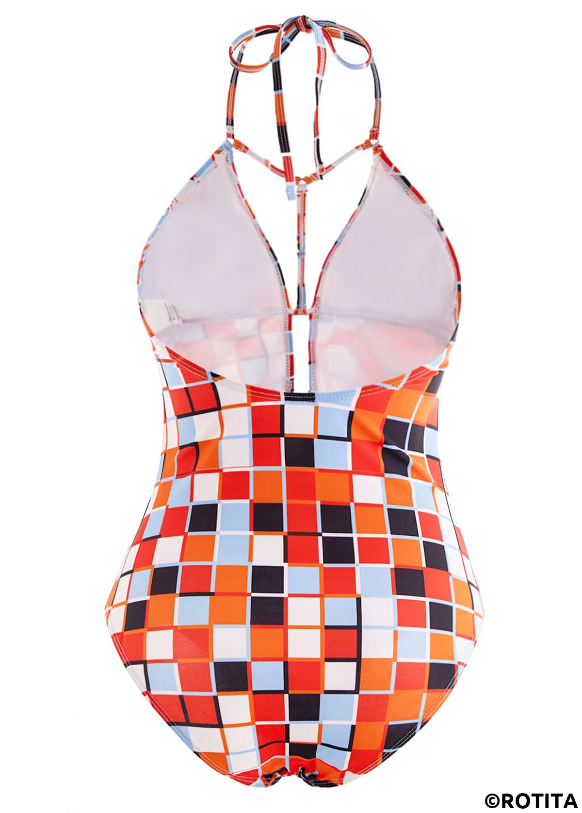 Multi Color swimwear,Rainbow Color swimwear,Geometric swimwear,ROTITA Halter Geometric Print Cutout One Piece Swimwear