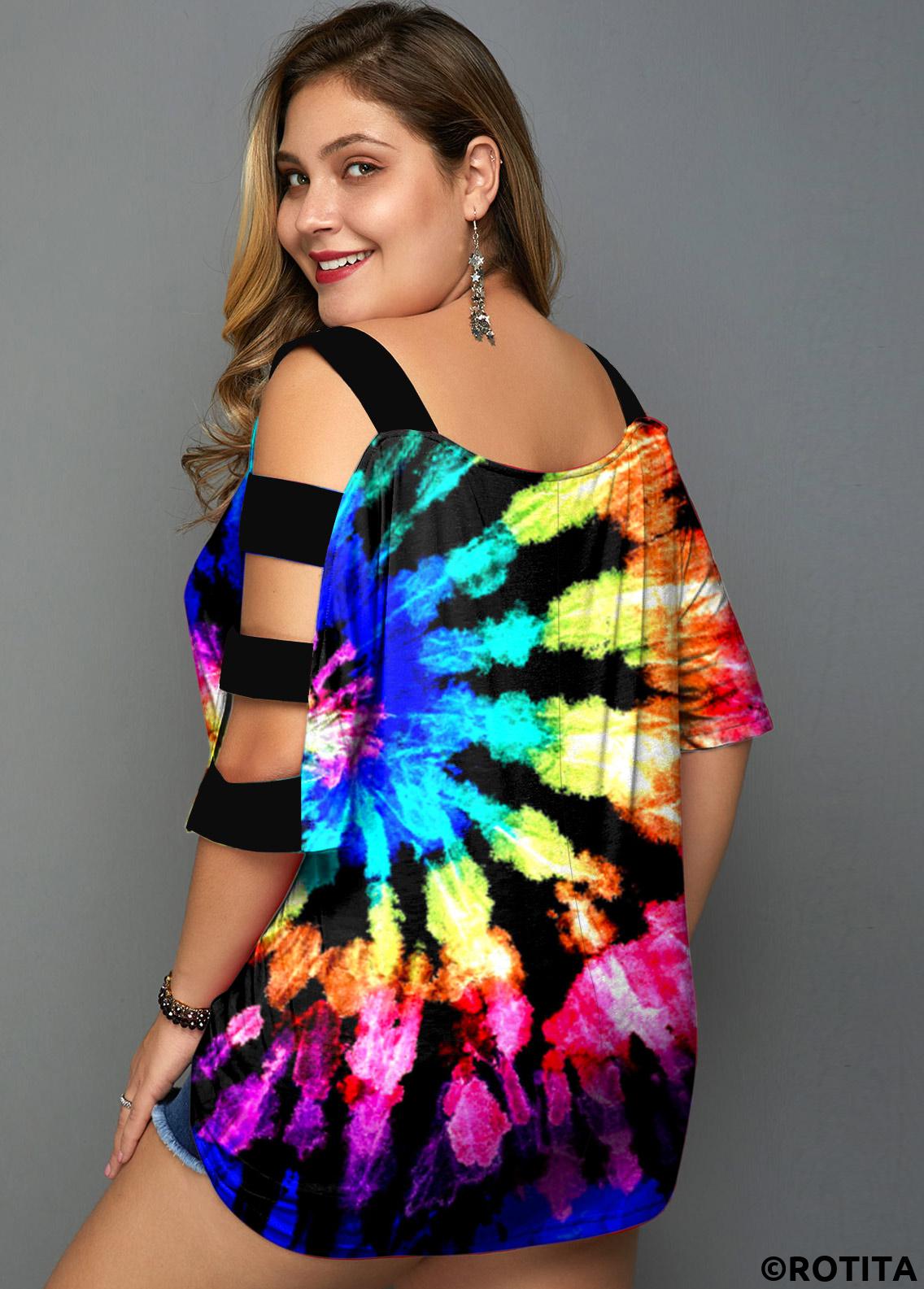 Multi Color plus size,Rainbow Color plus size,Tie Dye plus size,ROTITA Plus Size Tie Dye Print Multicolor T Shirt
