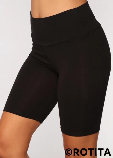 Black bottoms,Plain Color bottoms,ROTITA Patchwork Black Skinny Elastic Waist Shorts