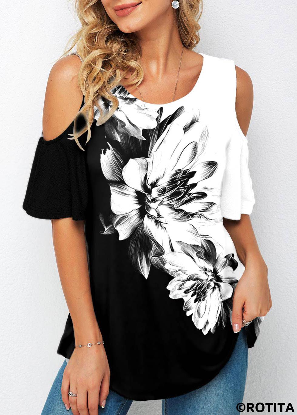 Multi Color tops,Floral tops,ROTITA Cold Shoulder Floral Print Half Sleeve T Shirt