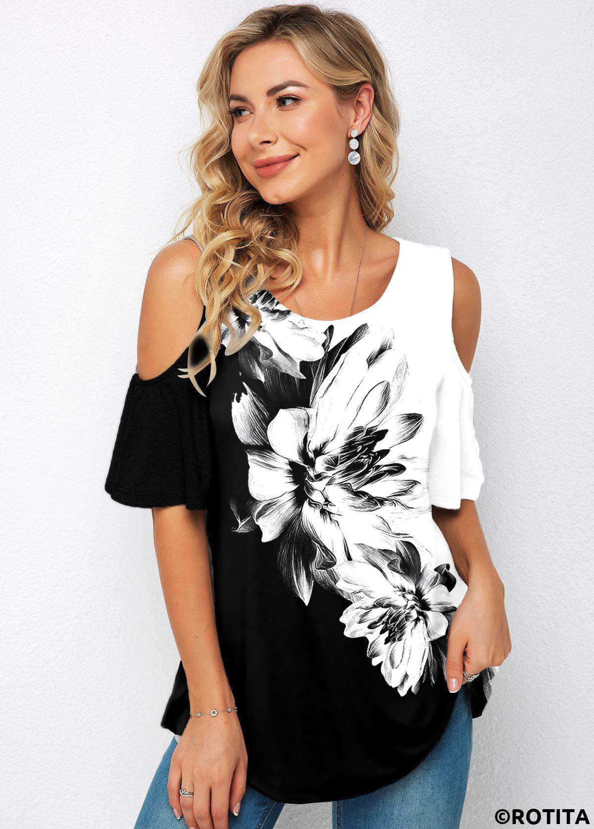 Multi Color tops,Floral tops,ROTITA Cold Shoulder Floral Print Half Sleeve T Shirt