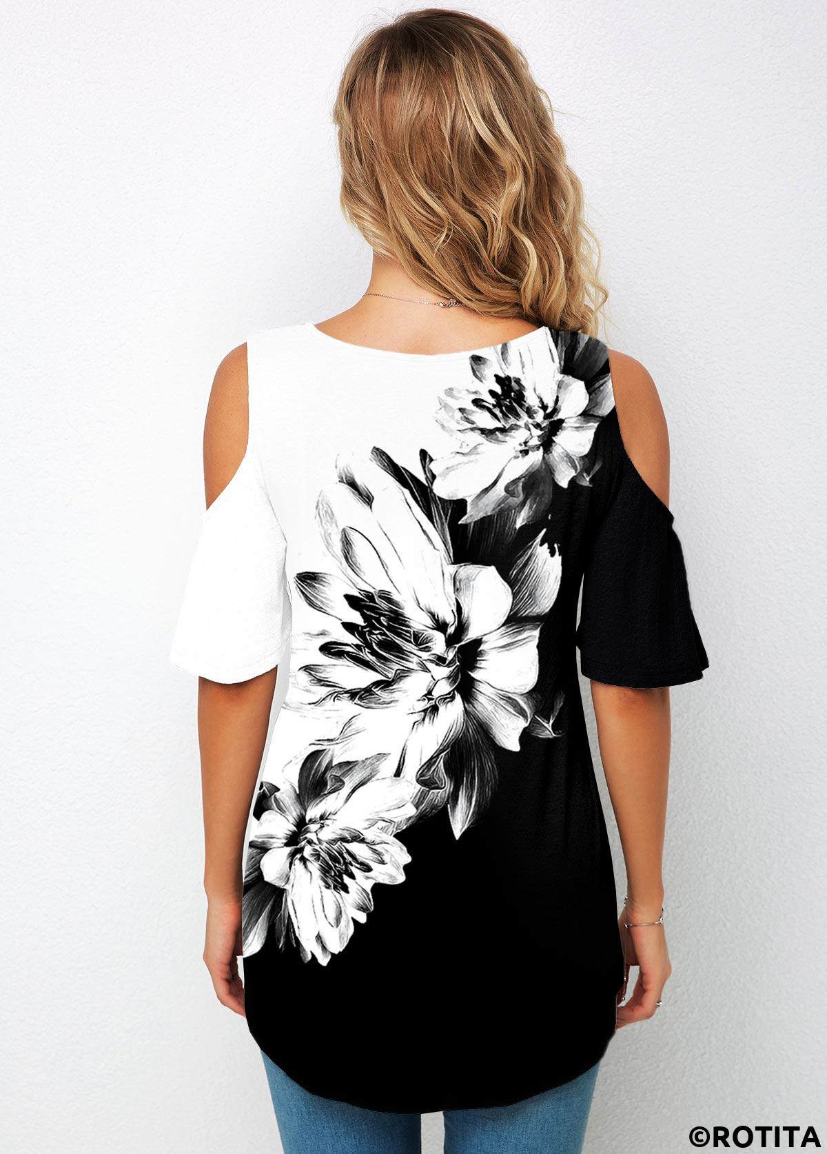 Multi Color tops,Floral tops,ROTITA Cold Shoulder Floral Print Half Sleeve T Shirt