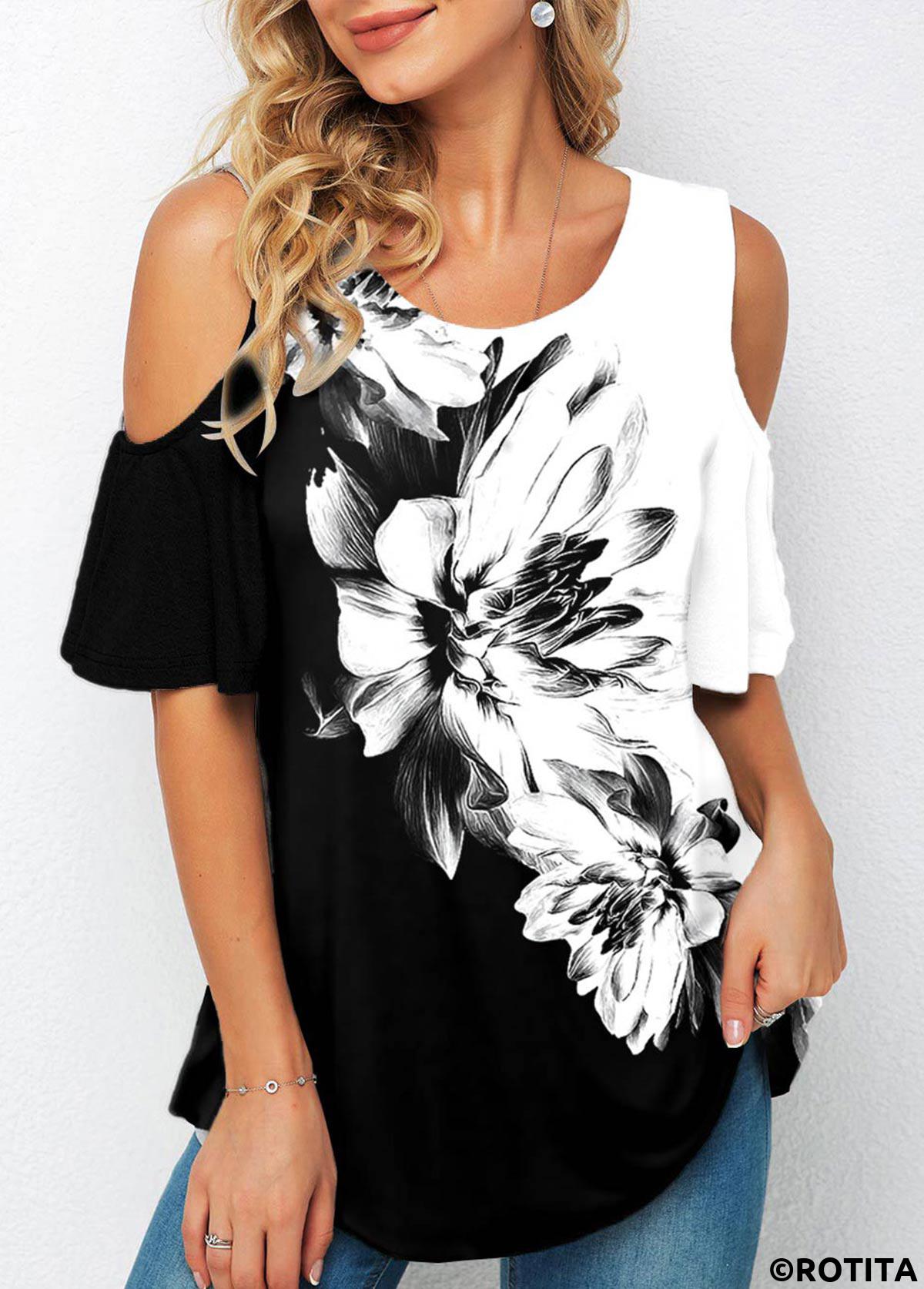 Multi Color tops,Floral tops,ROTITA Cold Shoulder Floral Print Half Sleeve T Shirt