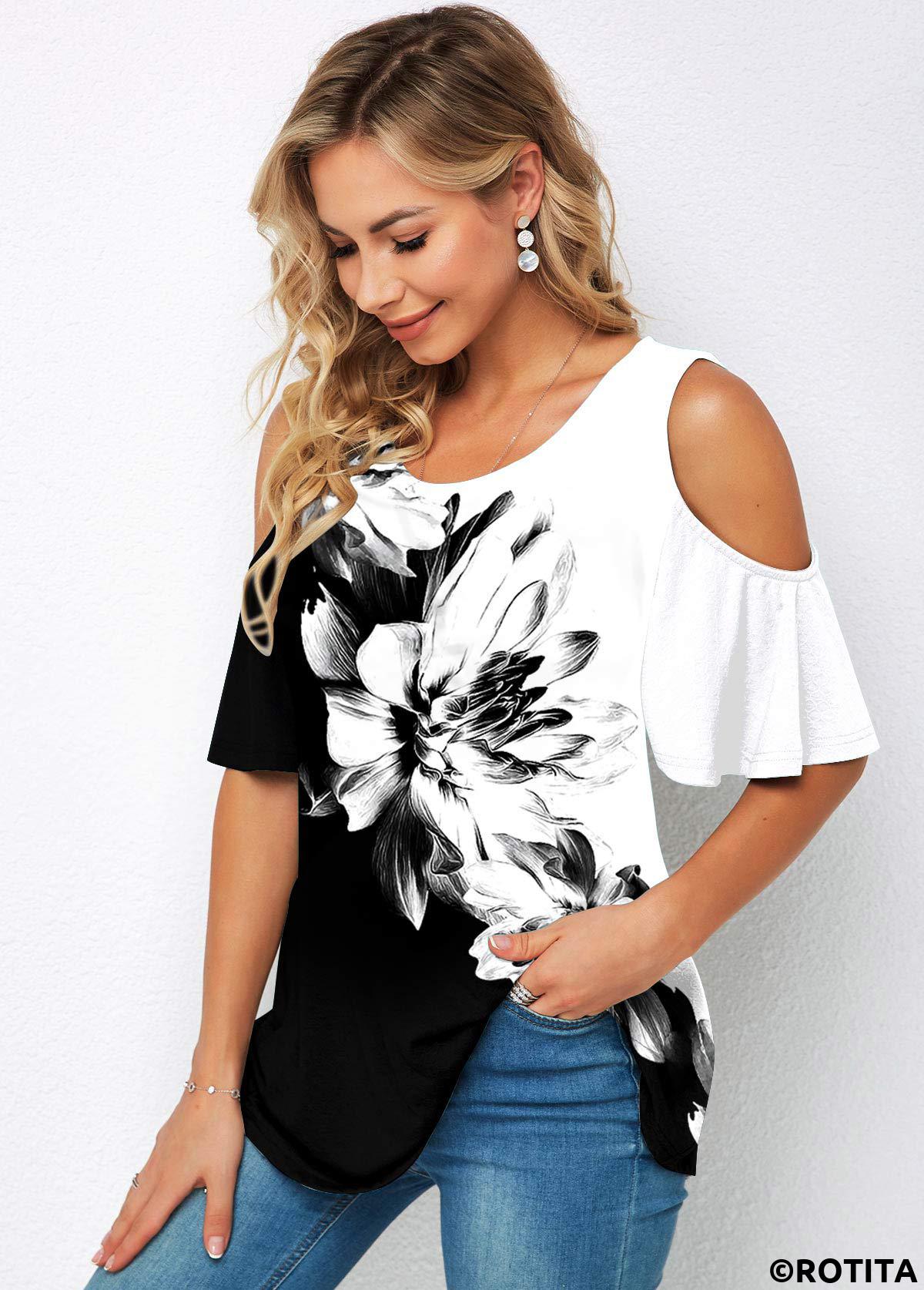 Multi Color tops,Floral tops,ROTITA Cold Shoulder Floral Print Half Sleeve T Shirt