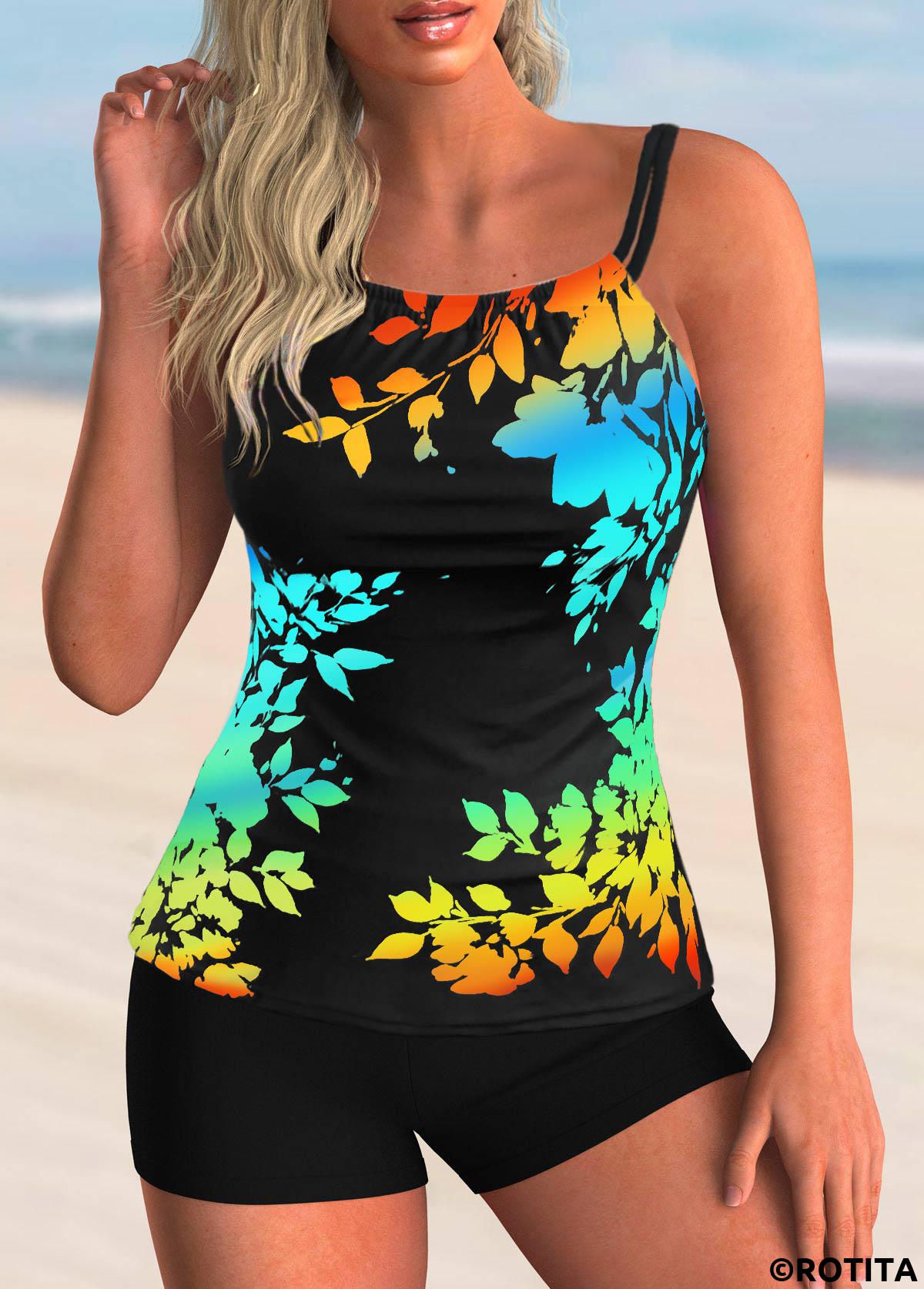 Multi Color swimwear,Plants swimwear,Spaghetti Strap Leaf Print Tankini Set