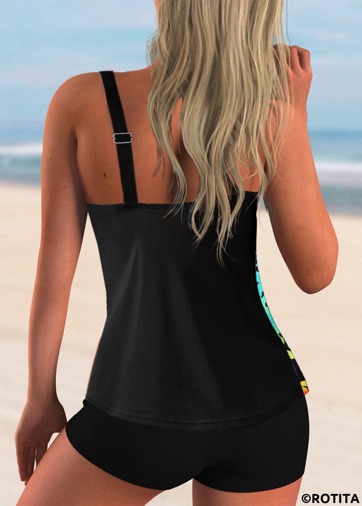 Multi Color swimwear,Plants swimwear,Spaghetti Strap Leaf Print Tankini Set