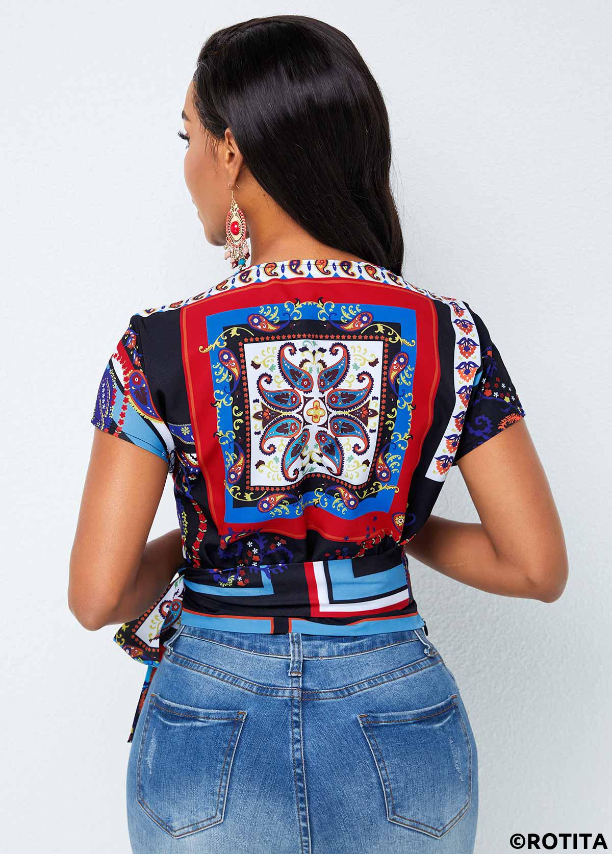 ROTITA Tie Side Paisley Print V Neck Blouse 