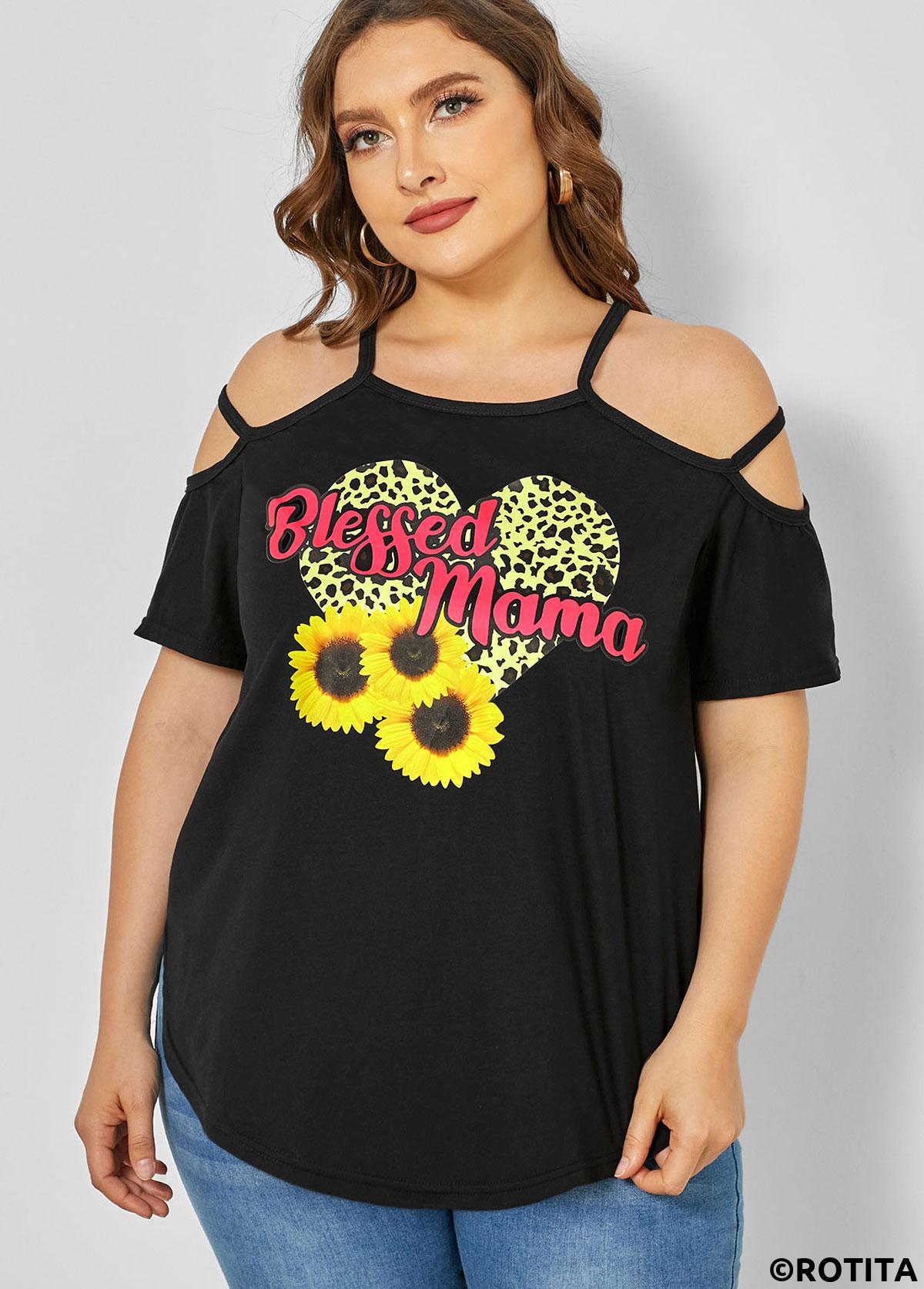 Black plus size,Plants plus size,ROTITA Strappy Cold Shoulder Plus Size Sunflower Print T Shirt