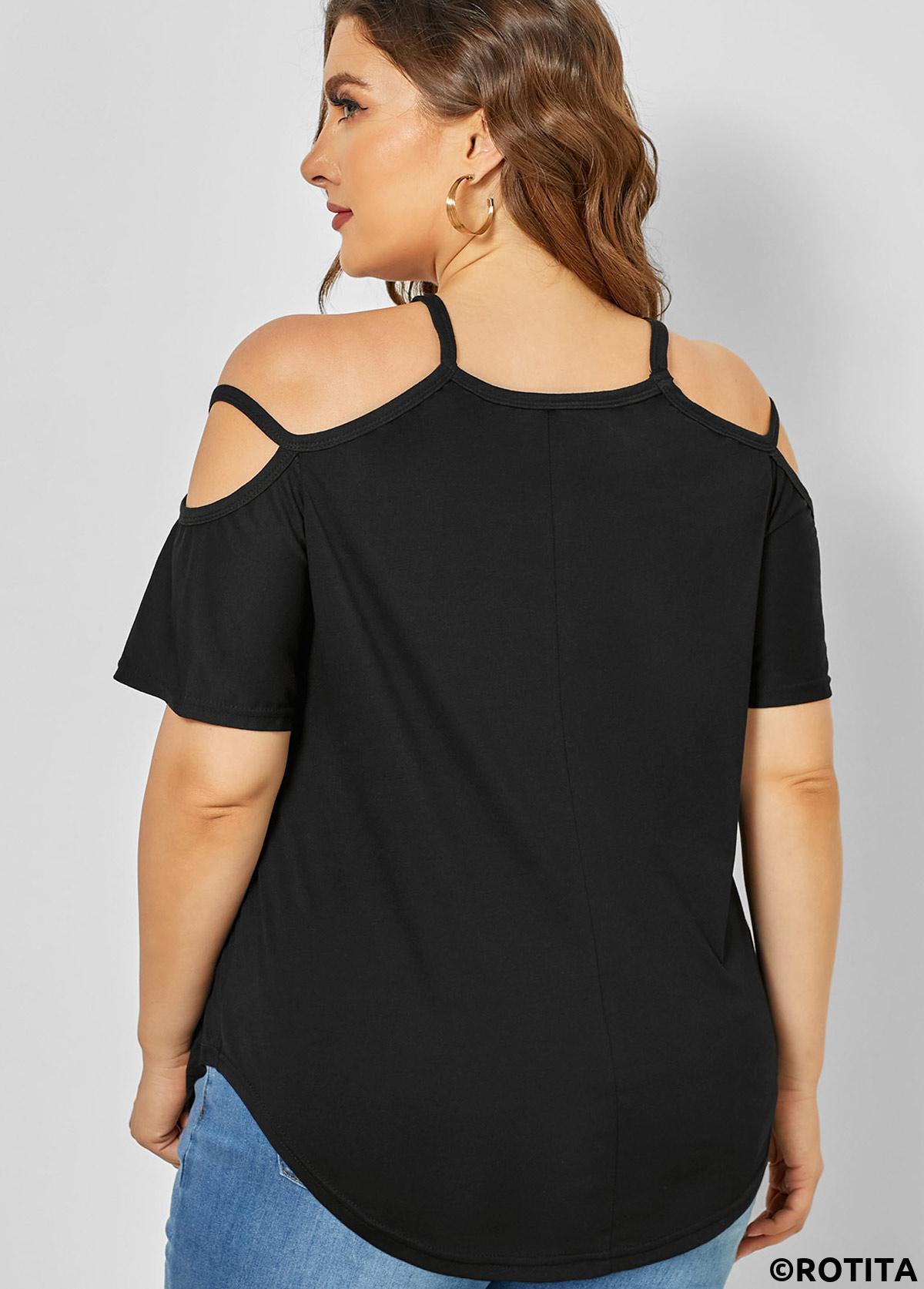 Black plus size,Plants plus size,ROTITA Strappy Cold Shoulder Plus Size Sunflower Print T Shirt