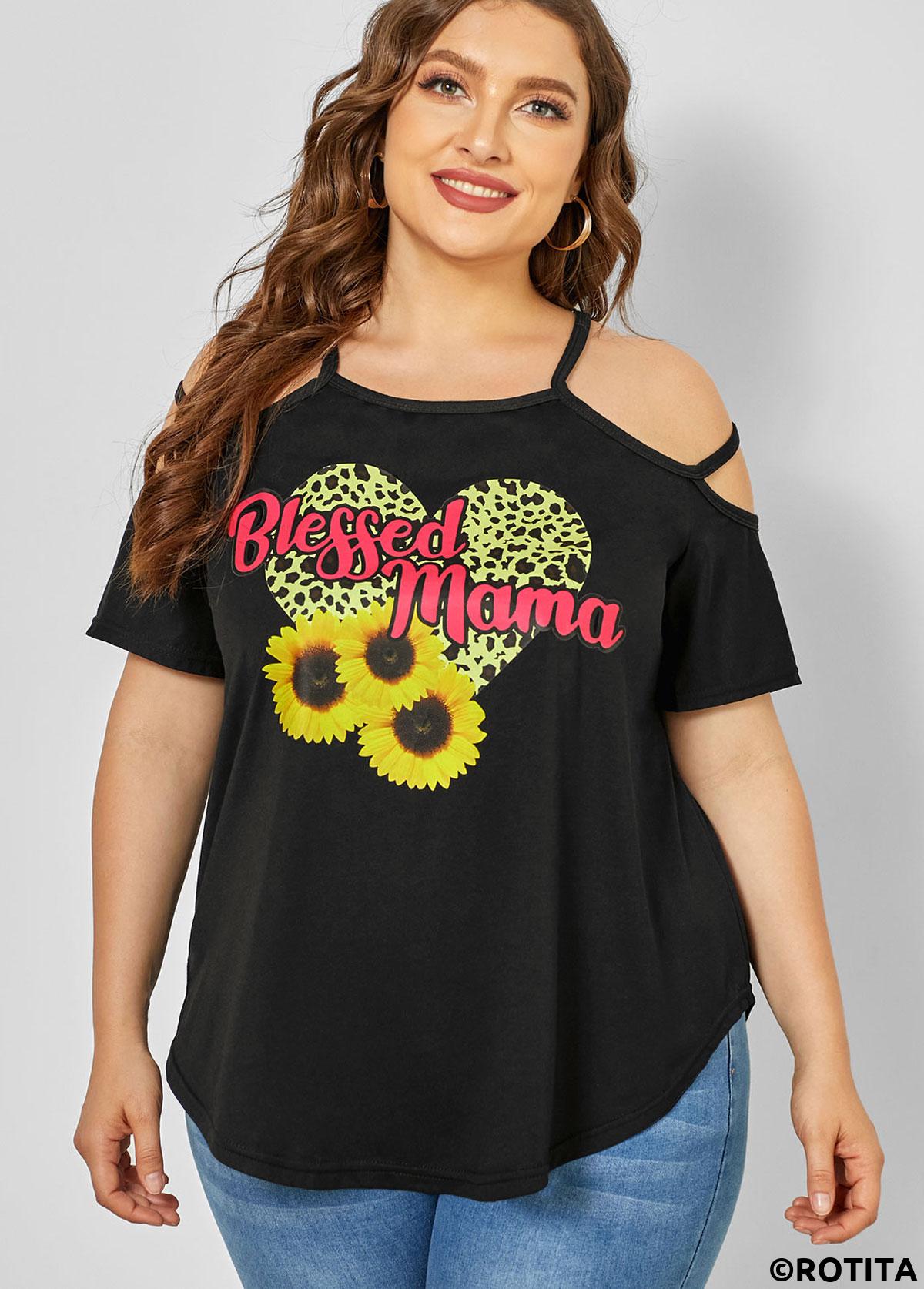 Black plus size,Plants plus size,ROTITA Strappy Cold Shoulder Plus Size Sunflower Print T Shirt