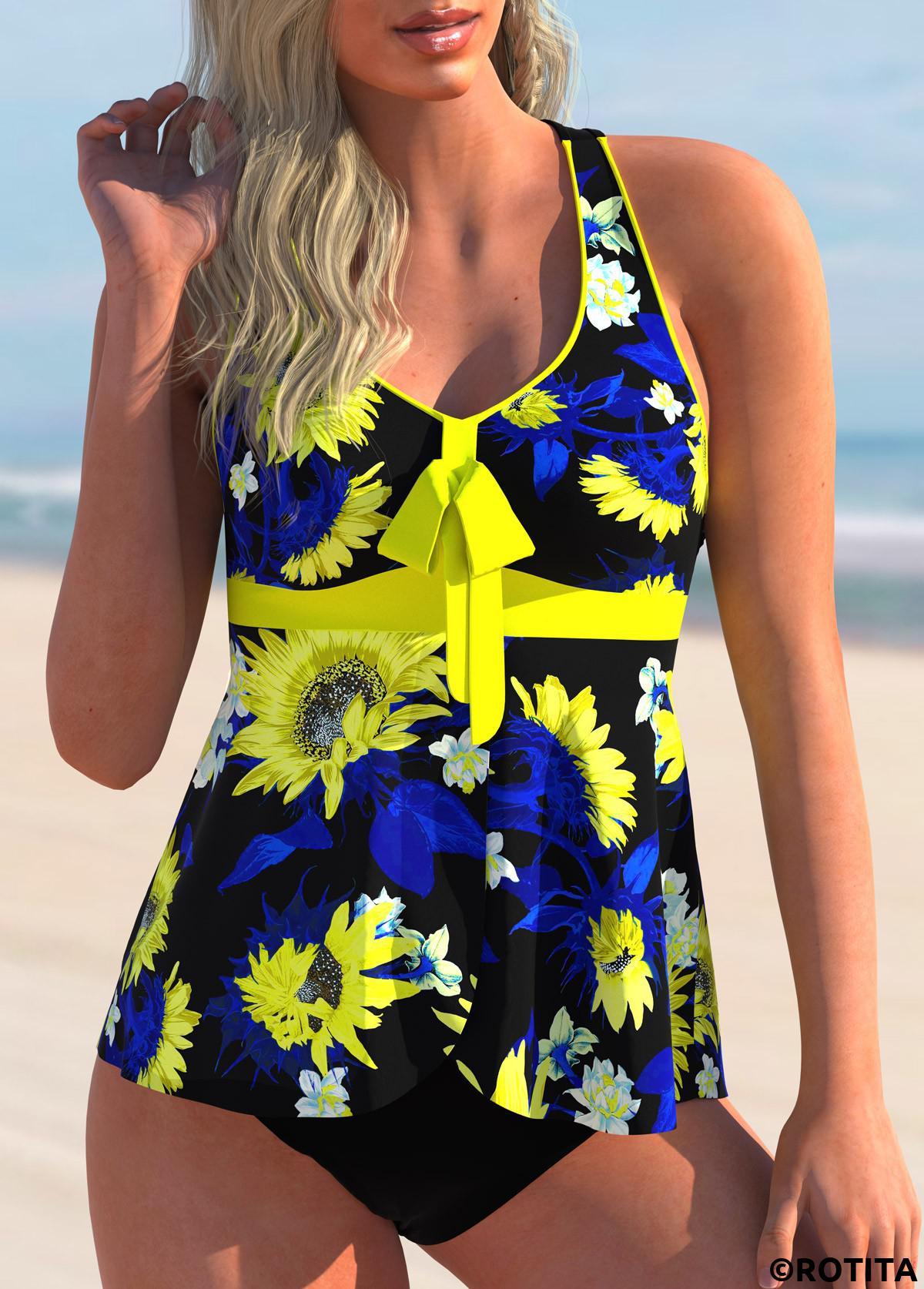 Yellow swimwear,Black swimwear,Plants swimwear,Floral swimwear,ROTITA Criss Cross Yellow Sunflower Print Tankini Set